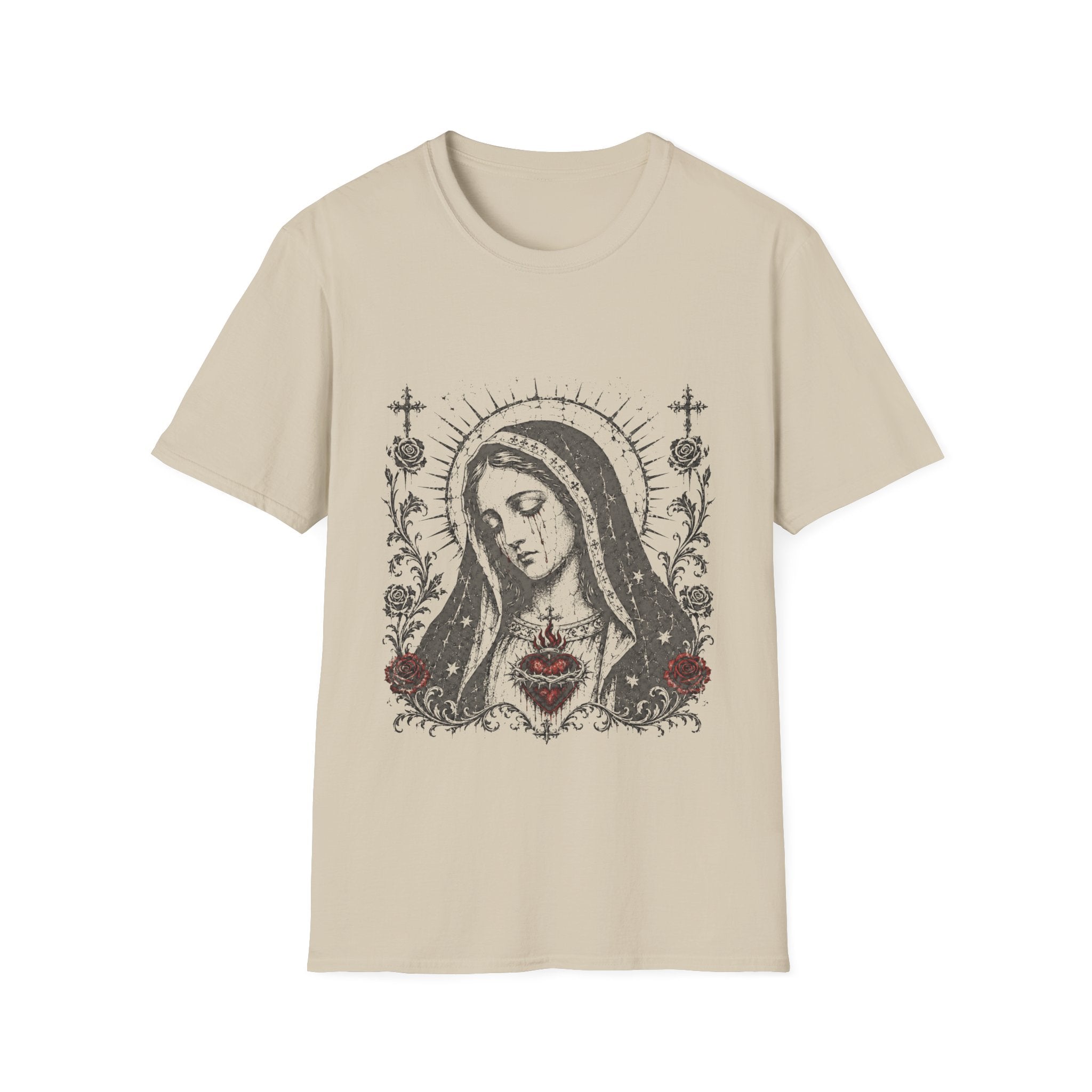 Virgin Mary Sacred Heart Gothic Catholic Dark Mother Mary Icon With Roses And Halo T-Shirt