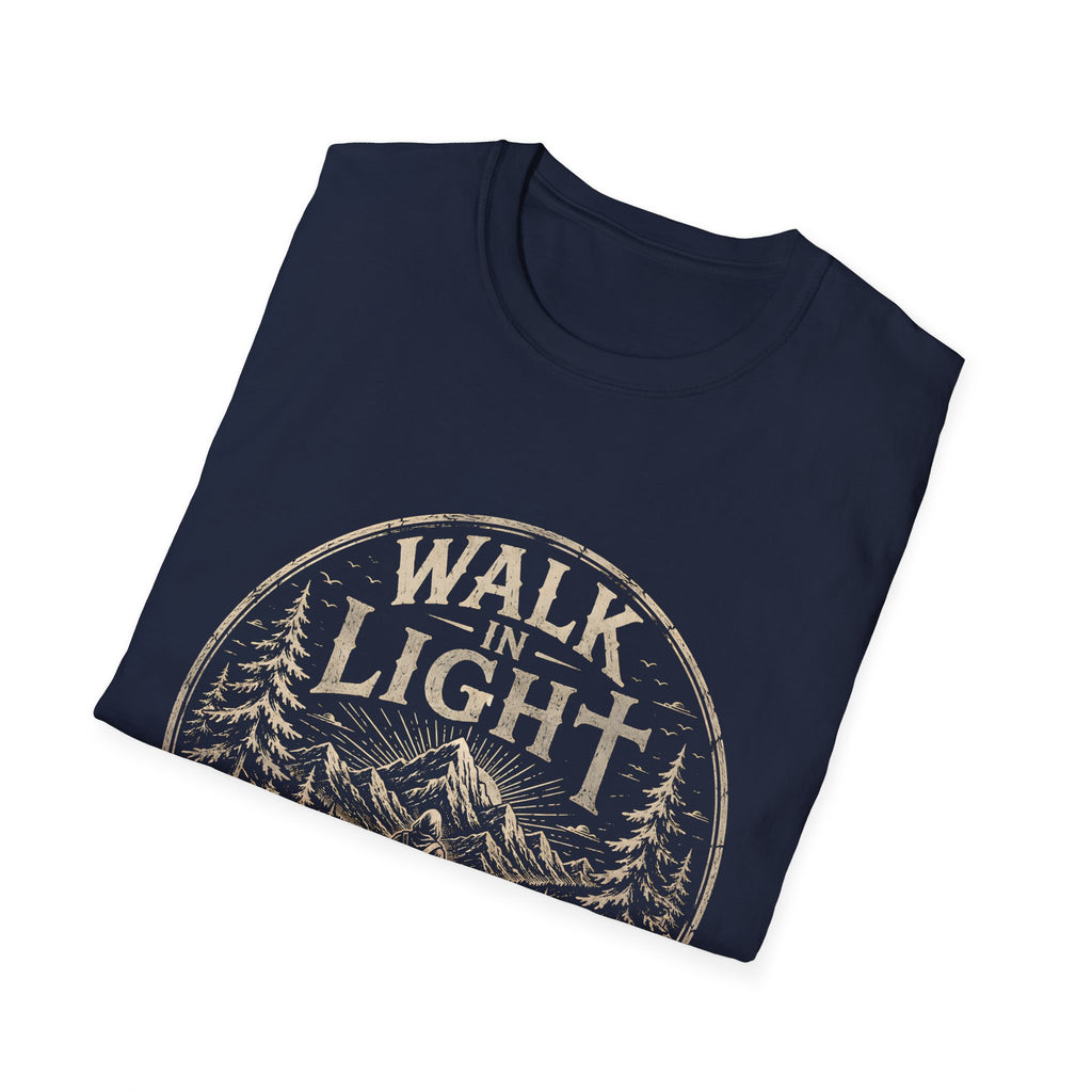 Walk In Light Ephesians 5 8 Christian Hiking Scripture Mountain Forest Adventure Faith Outdoors Bible Verse T-Shirt
