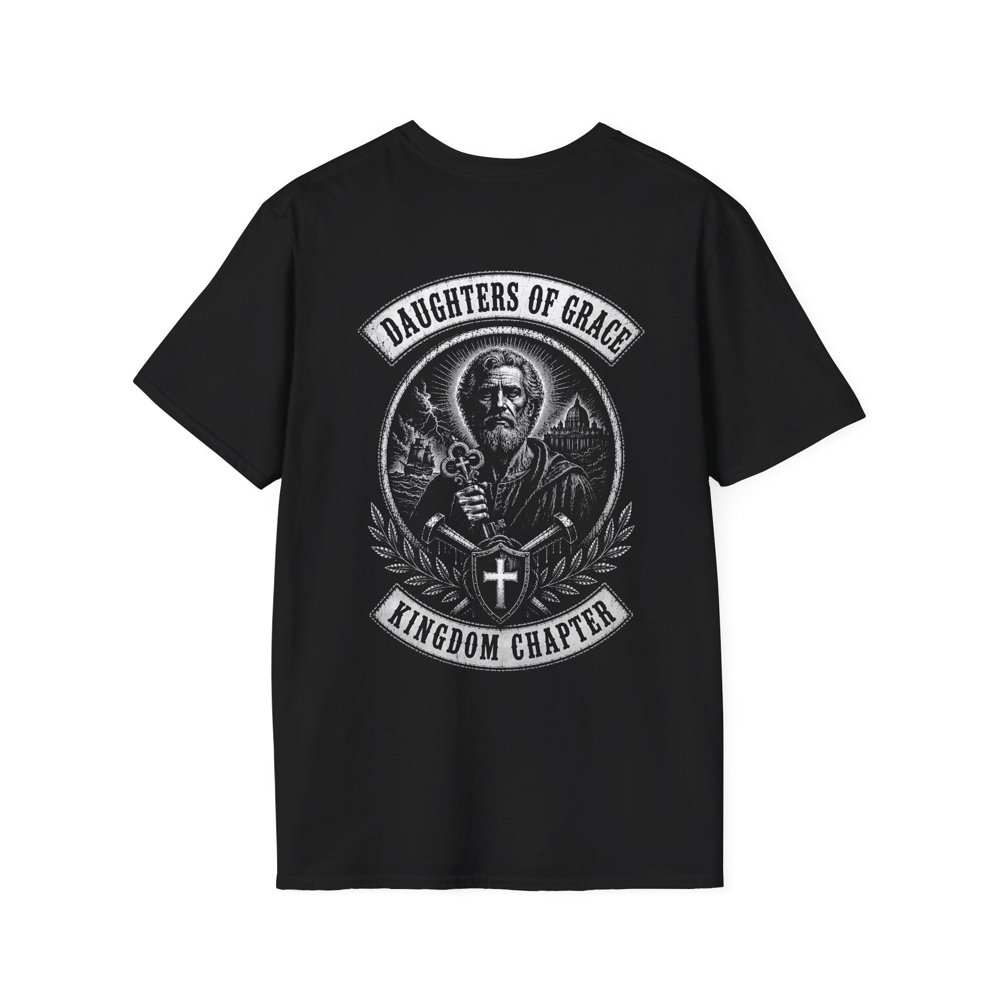 Daughters Of Grace Kingdom Chapter Christian Warrior Saint With Cross Shield Keys T-Shirt