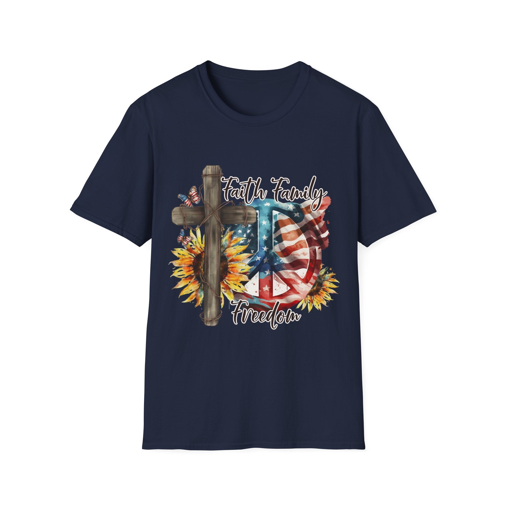 Faith Family Freedom 4th of July Independence Day Veterans Day American Flag Cross Peace Sunflowers T-Shirt