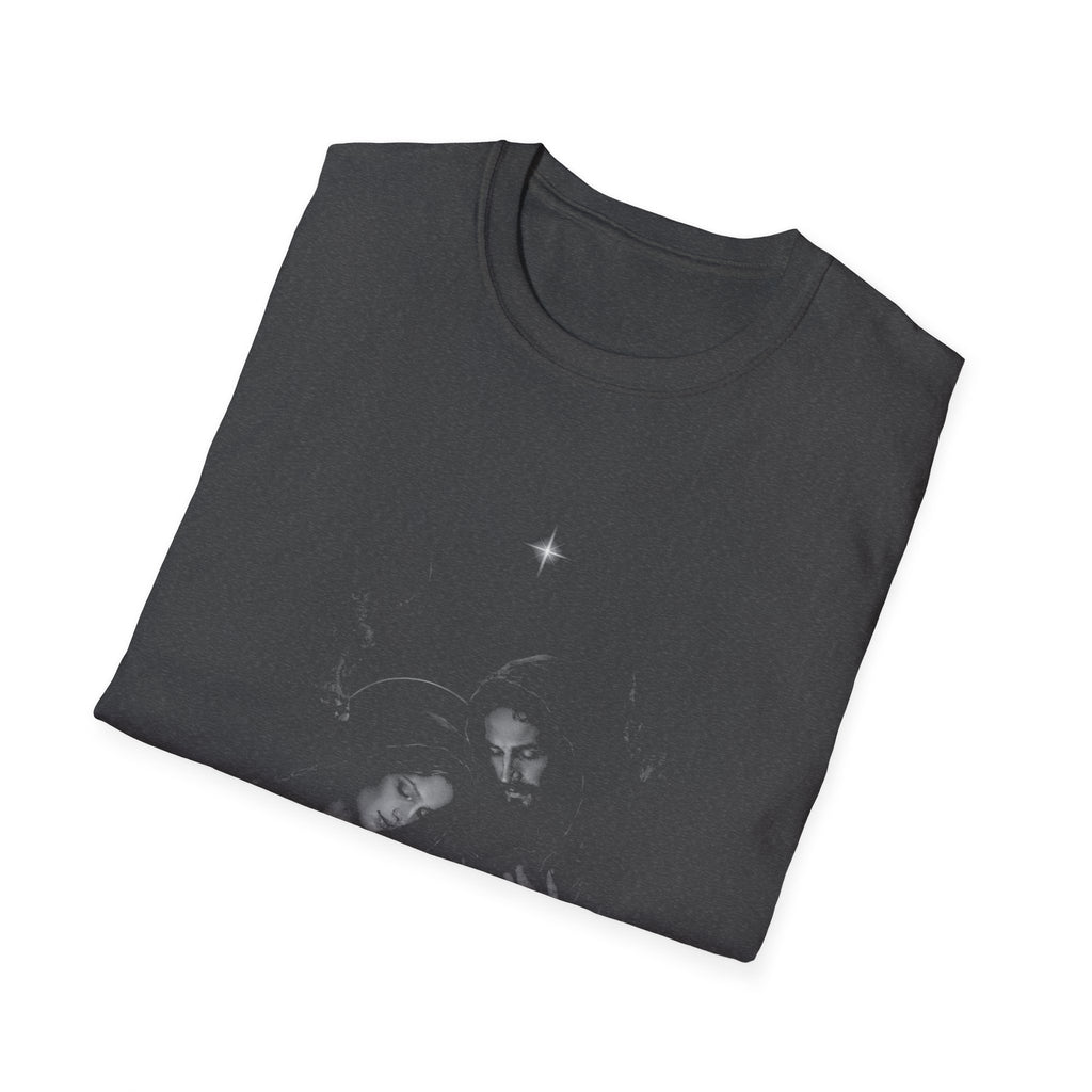 Holy family nativity scene with baby jesus mary joseph and christmas star in the bethlehem manger T-Shirt