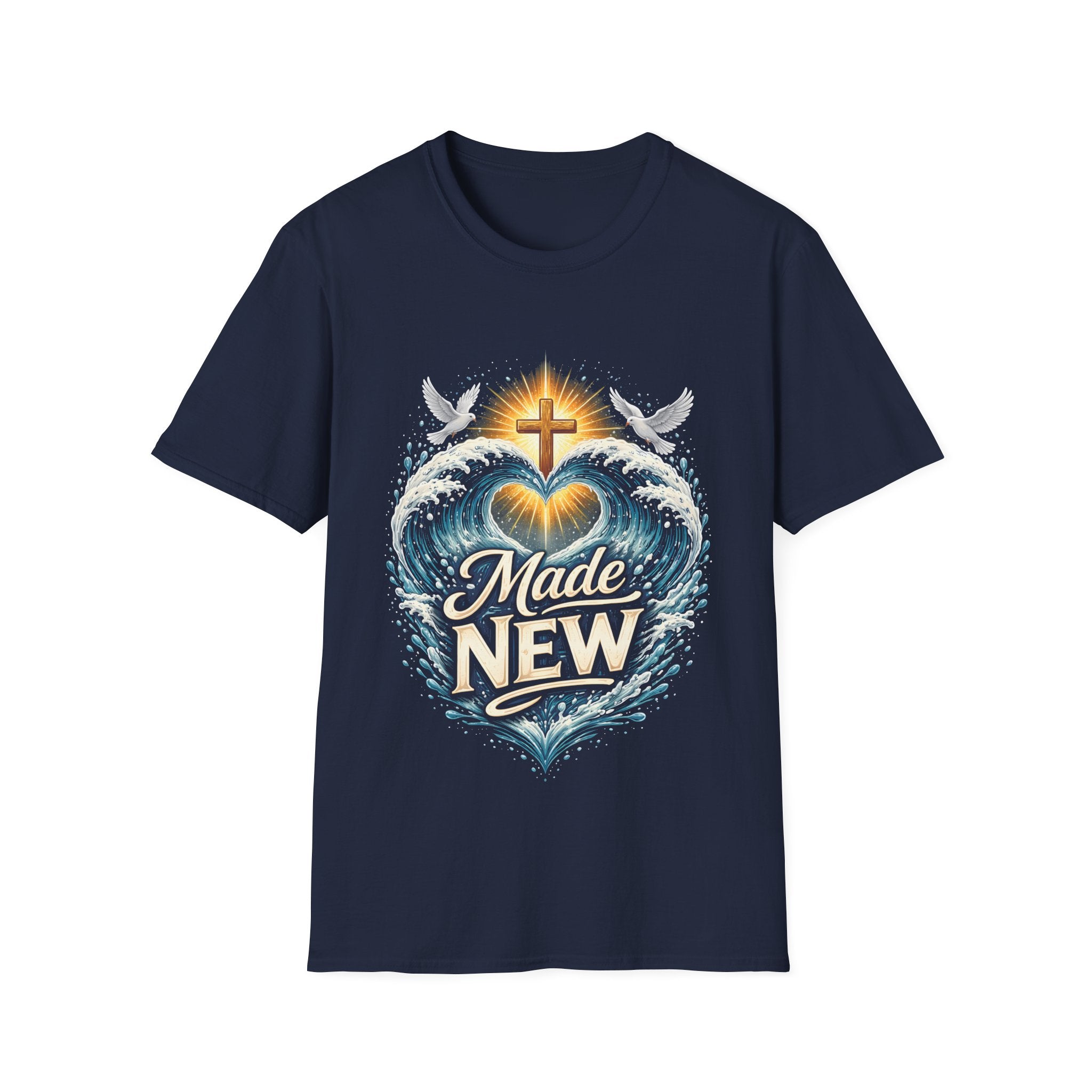 Made new christian baptism renewal cross heart waves doves faith T-Shirt