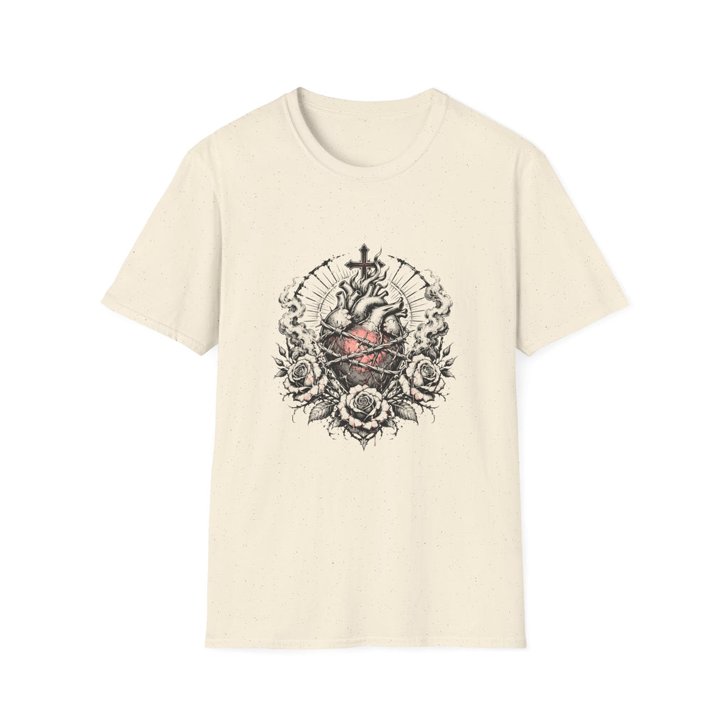 Sacred Heart Barbed Wire Cross Dark Roses Anatomical Heart T-Shirt