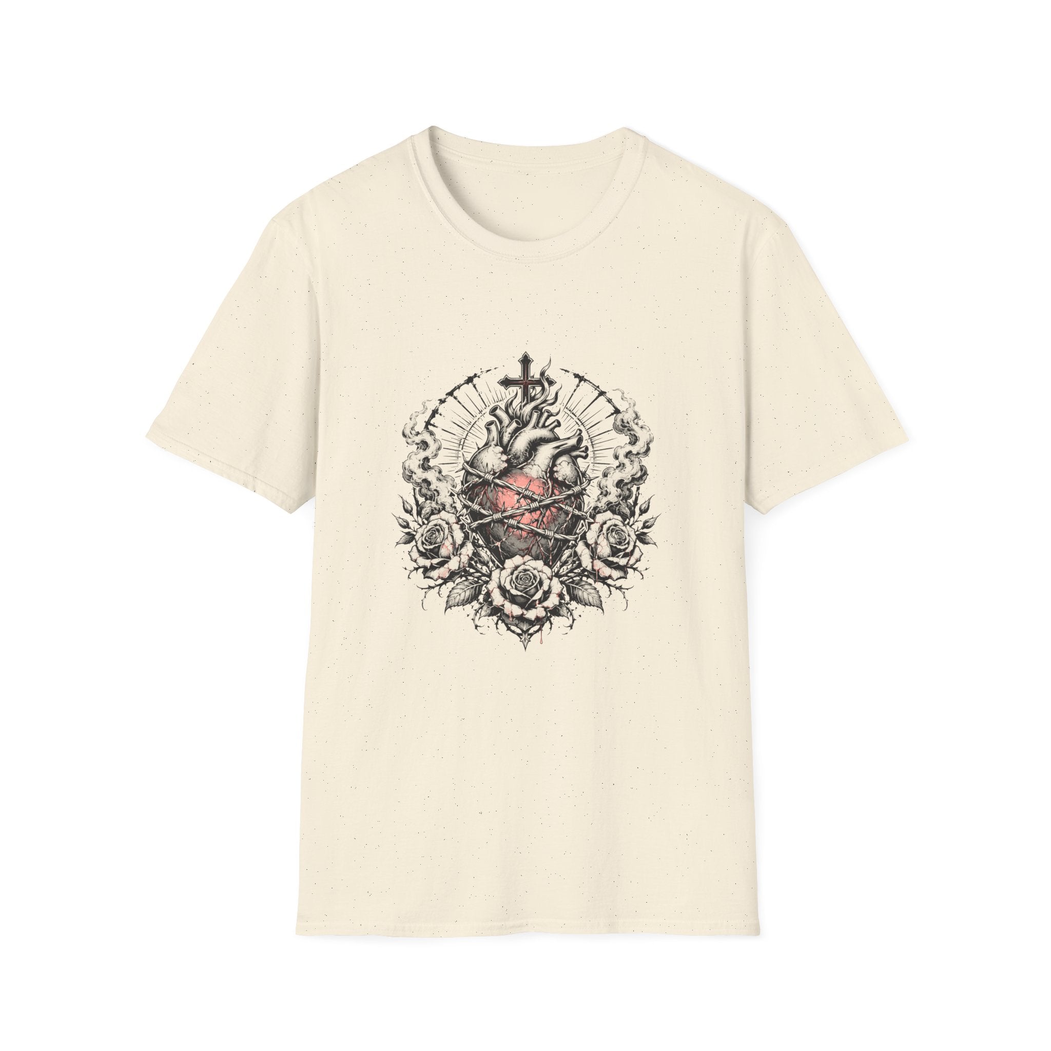 Sacred Heart Barbed Wire Cross Dark Roses Anatomical Heart T-Shirt