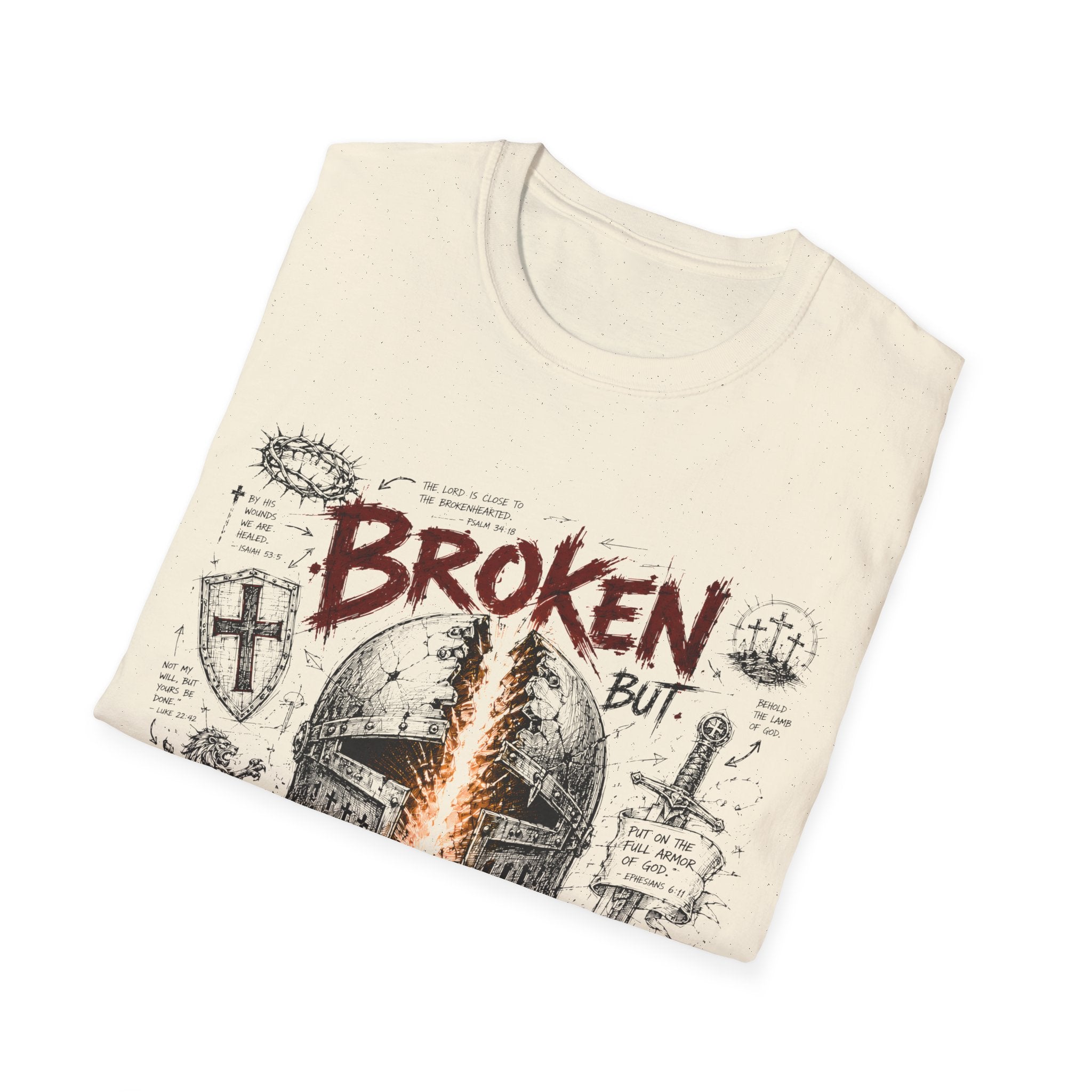 Broken But Redeemed Christian Warrior Armor Of God Faith Over Fear Helmet And Cross T-Shirt