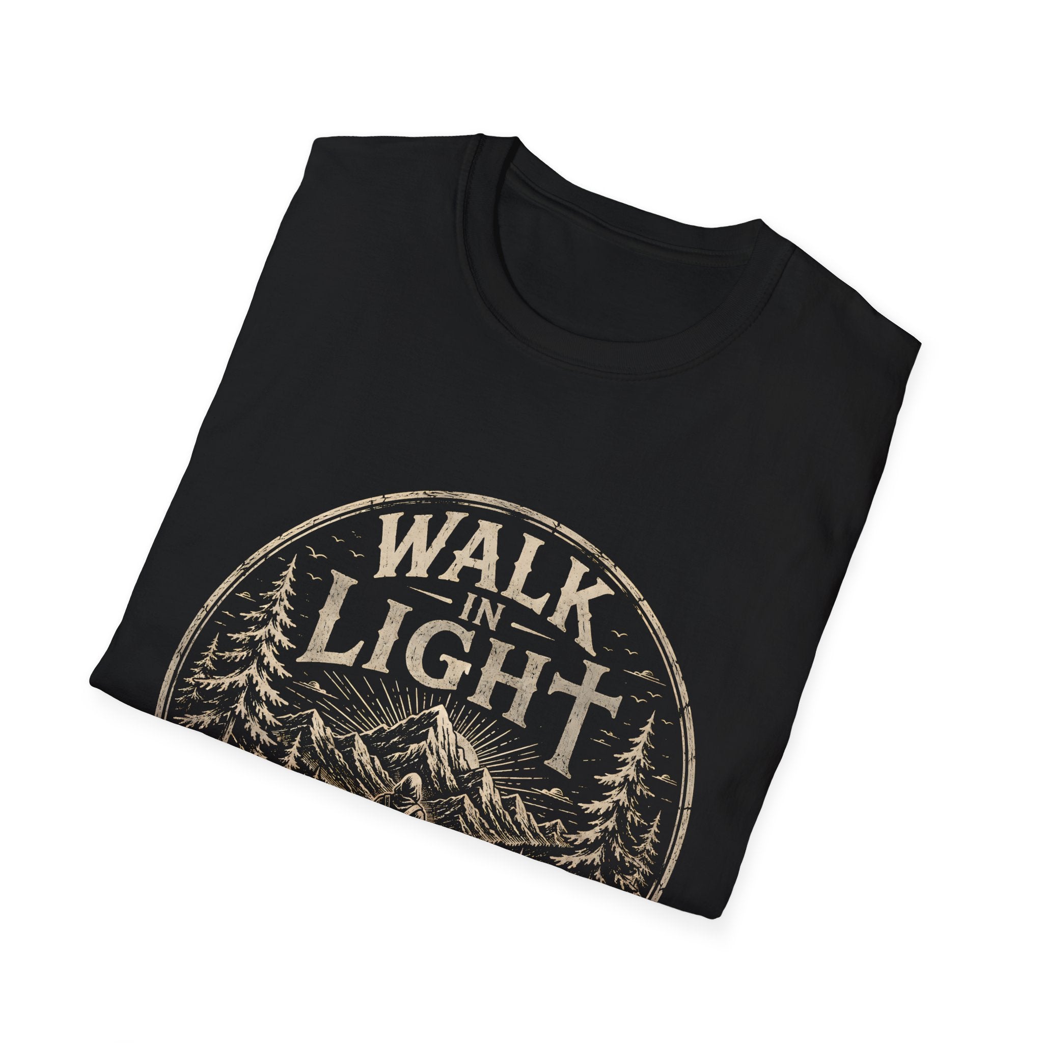 Walk In Light Ephesians 5 8 Christian Hiking Scripture Mountain Forest Adventure Faith Outdoors Bible Verse T-Shirt