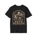 The Path Remains Christian Shield Cross Mountain Lake Sunrise Hiking Faith Landscape T-Shirt
