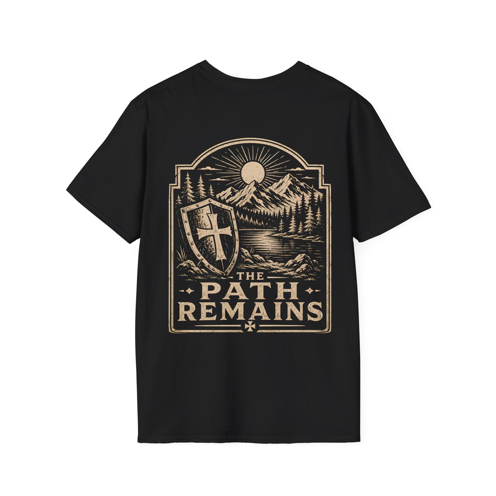 The Path Remains Christian Shield Cross Mountain Lake Sunrise Hiking Faith Landscape T-Shirt
