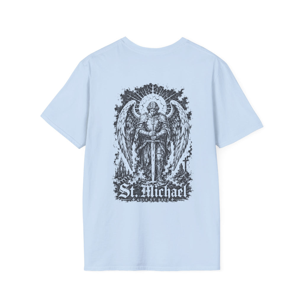 BACKPRINT St Michael Quis Ut Deus Archangel Warrior Christian Spiritual Warfare Protector Artwork T-Shirt