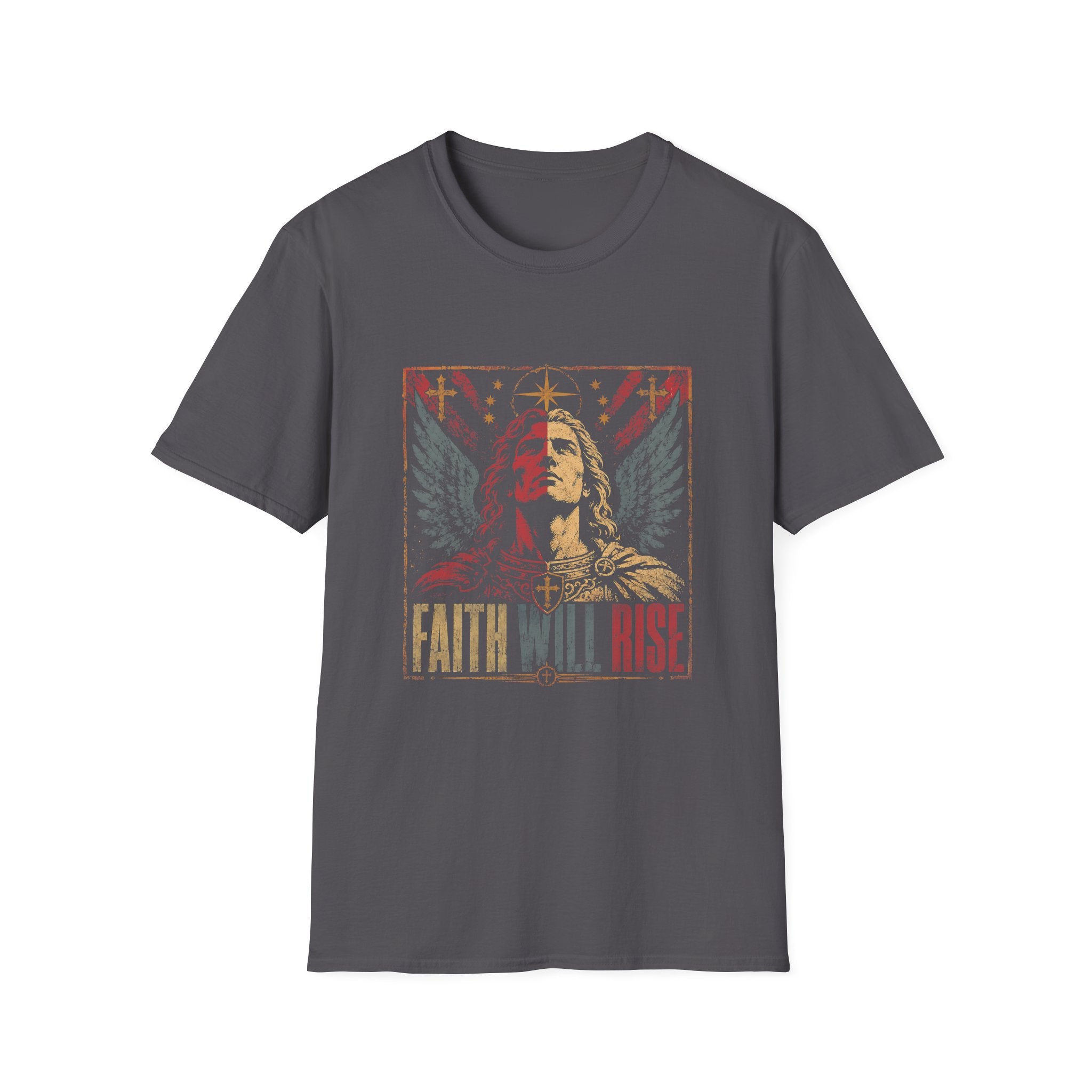 Faith Will Rise Christian Angel Warrior With Wings Cross Symbol And Spiritual Battle Power T-Shirt