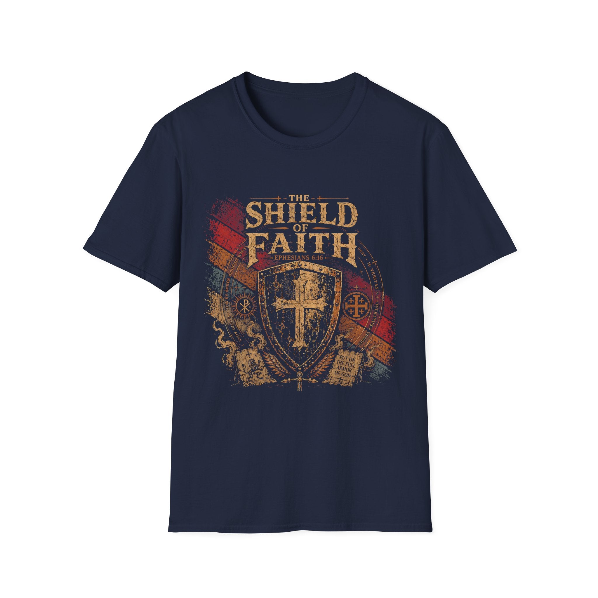 The Shield Of Faith Ephesians 6 16 Put On The Full Armor Of God Christian Warrior Cross Emblem T-Shirt