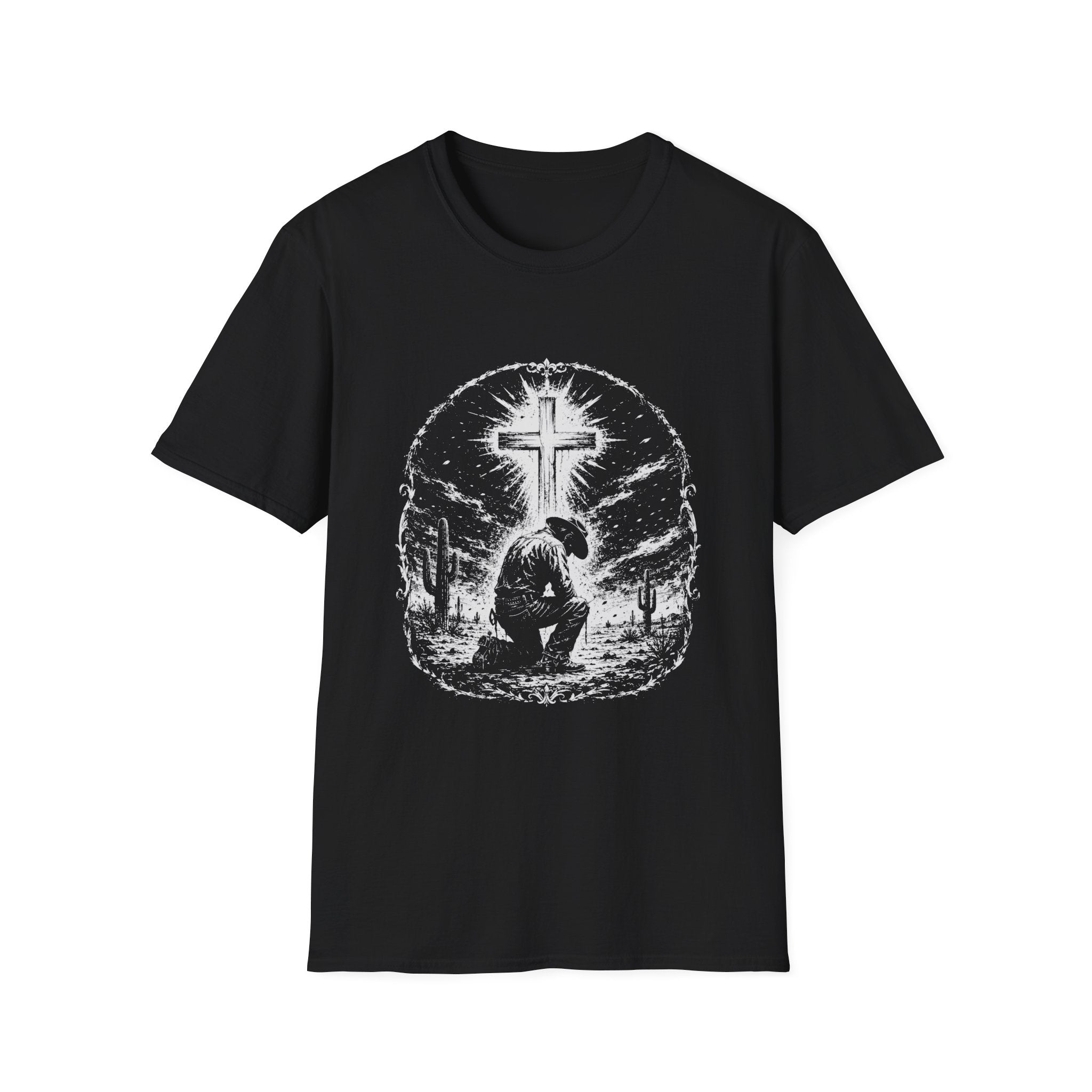 Cowboy Kneeling In Prayer Under Radiant Cross Western Christian Faith Desert Spiritual Scene T-Shirt
