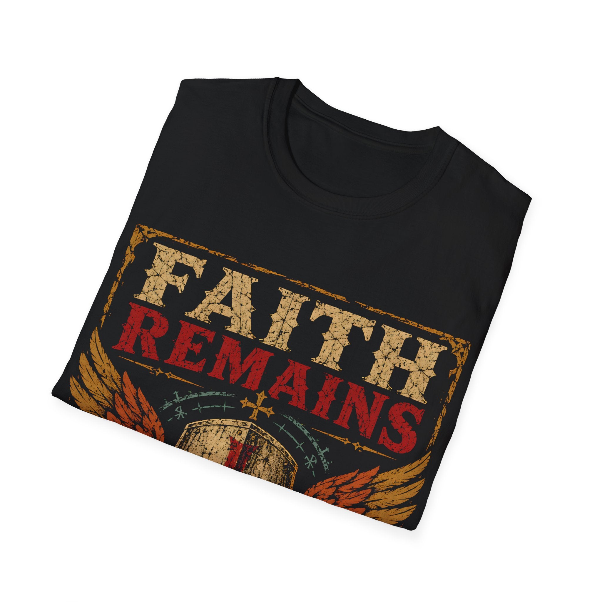 Faith Remains Crusader Helmet With Wings Christian Warrior Cross Vintage Medieval Art Style T-Shirt