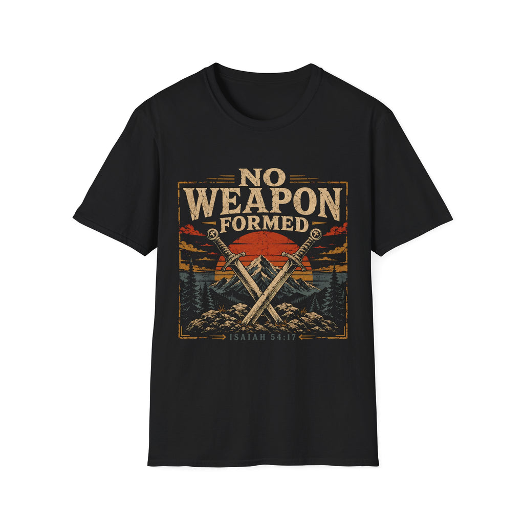No Weapon Formed Isaiah 54 17 Christian Warrior Crossed Swords Mountain Sunset Faith T-Shirt