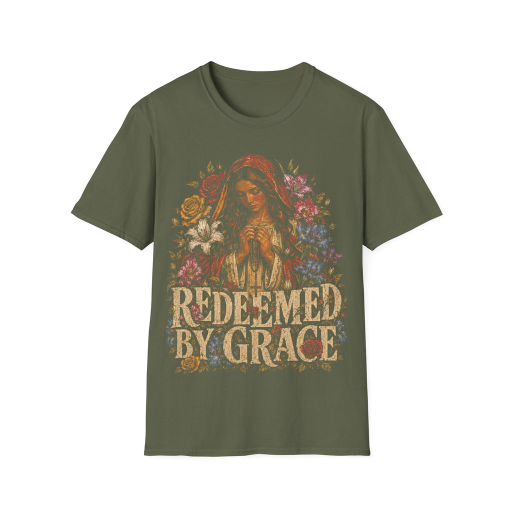 Redeemed By Grace Christian Faith Prayer And Flowers T-Shirt