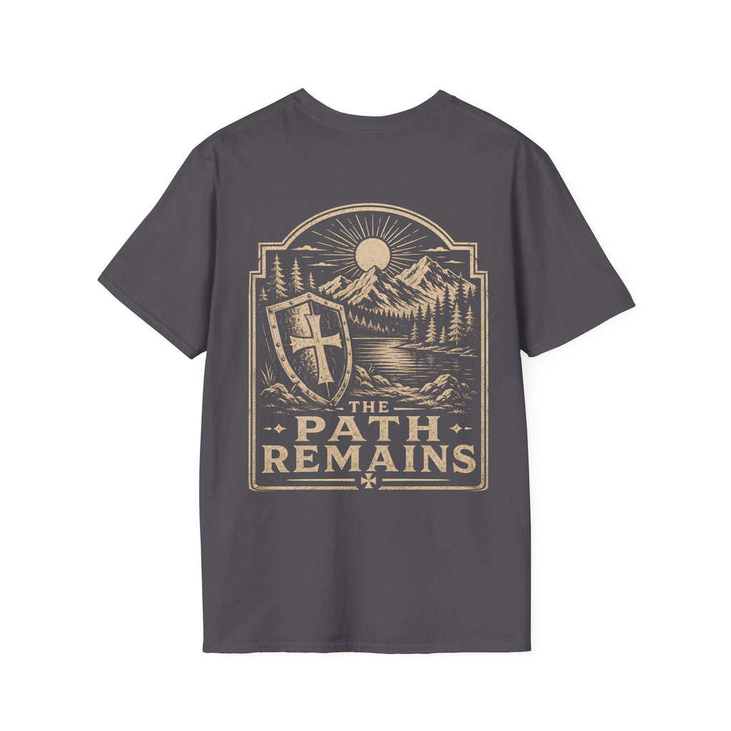 The Path Remains Christian Shield Cross Mountain Lake Sunrise Hiking Faith Landscape T-Shirt