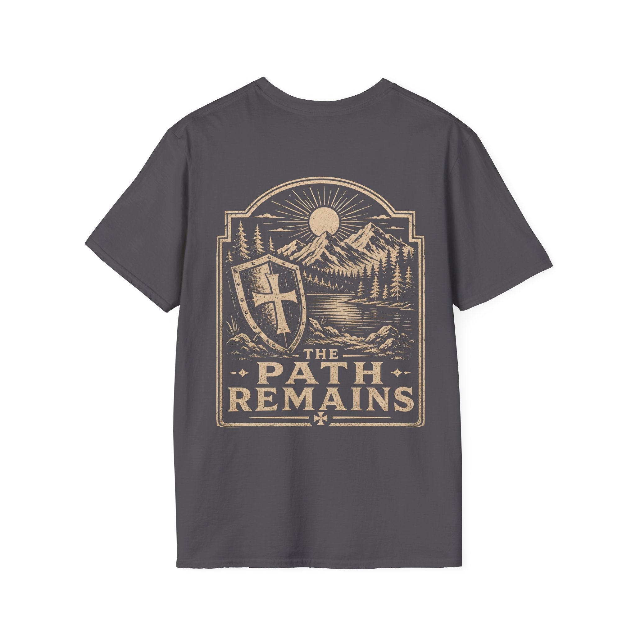 The Path Remains Christian Shield Cross Mountain Lake Sunrise Hiking Faith Landscape T-Shirt
