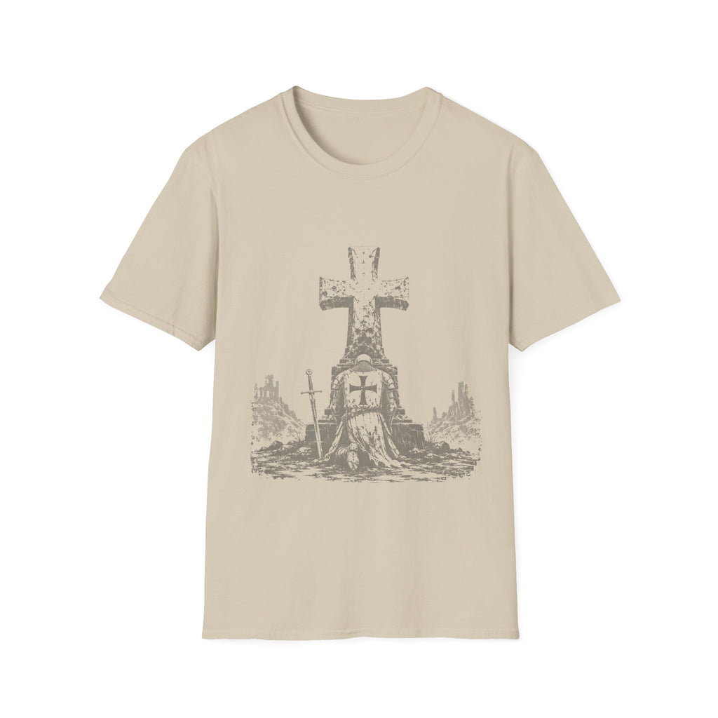 Medieval Crusader Knight Kneeling In Prayer At Cross Christian Warrior Faith T-Shirt