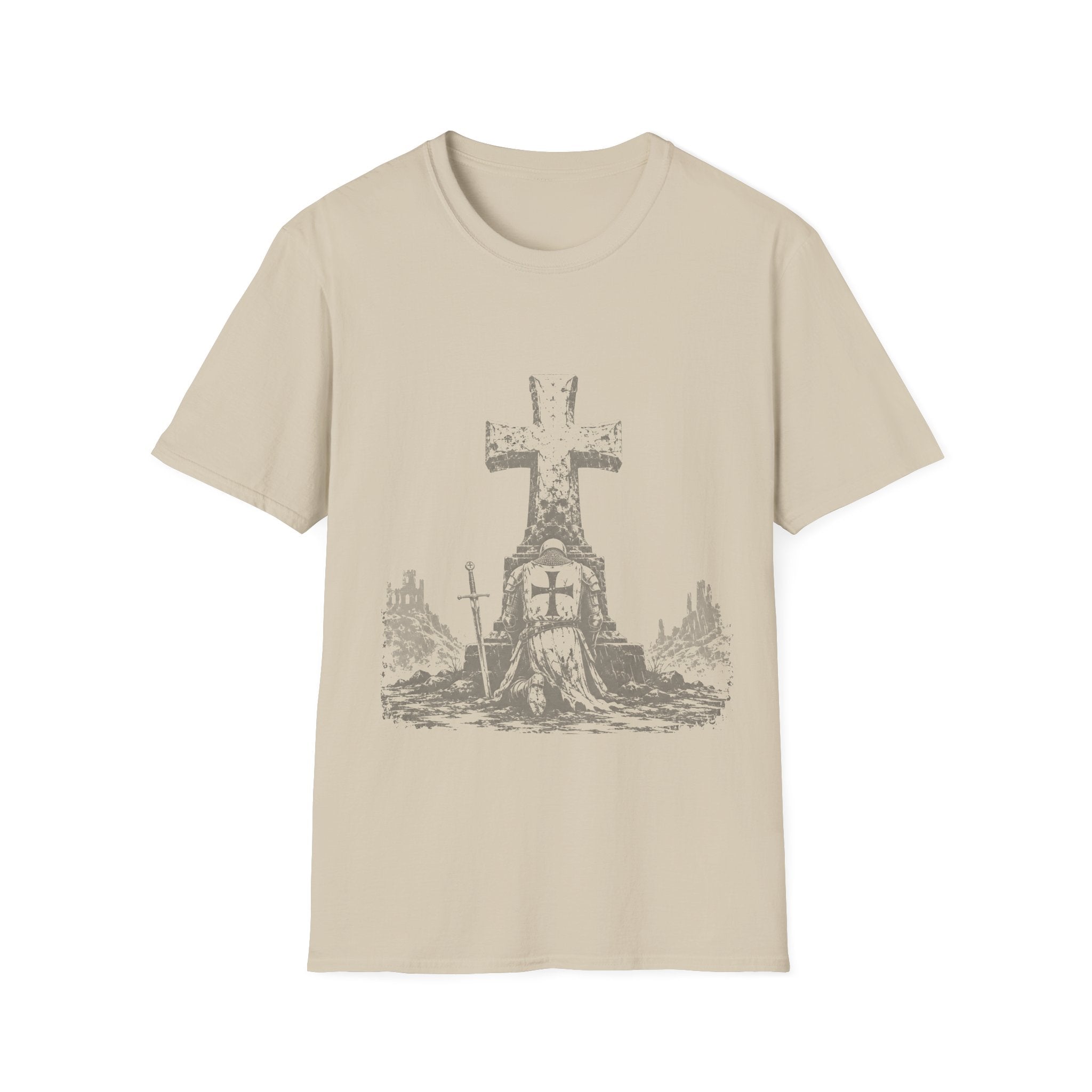 Medieval Crusader Knight Kneeling In Prayer At Cross Christian Warrior Faith T-Shirt