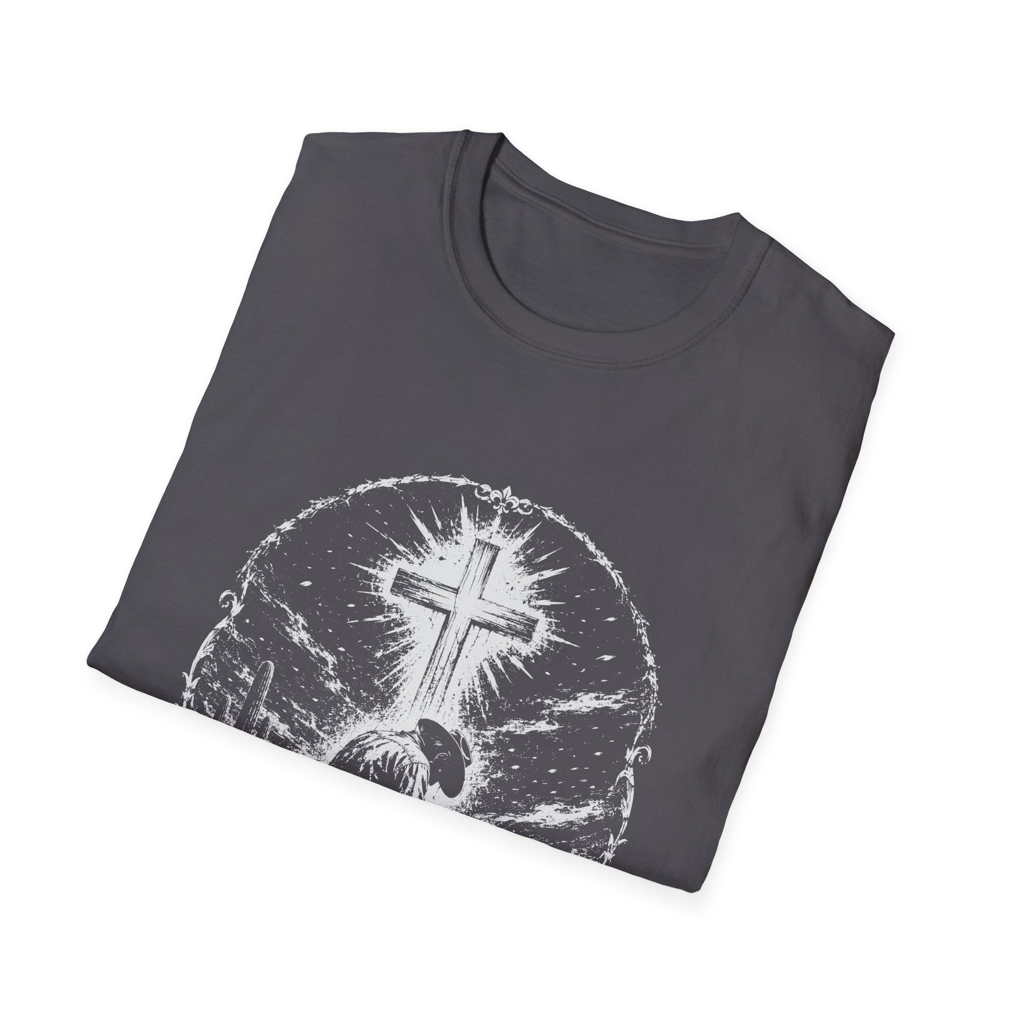 Cowboy Kneeling In Prayer Under Radiant Cross Western Christian Faith Desert Spiritual Scene T-Shirt