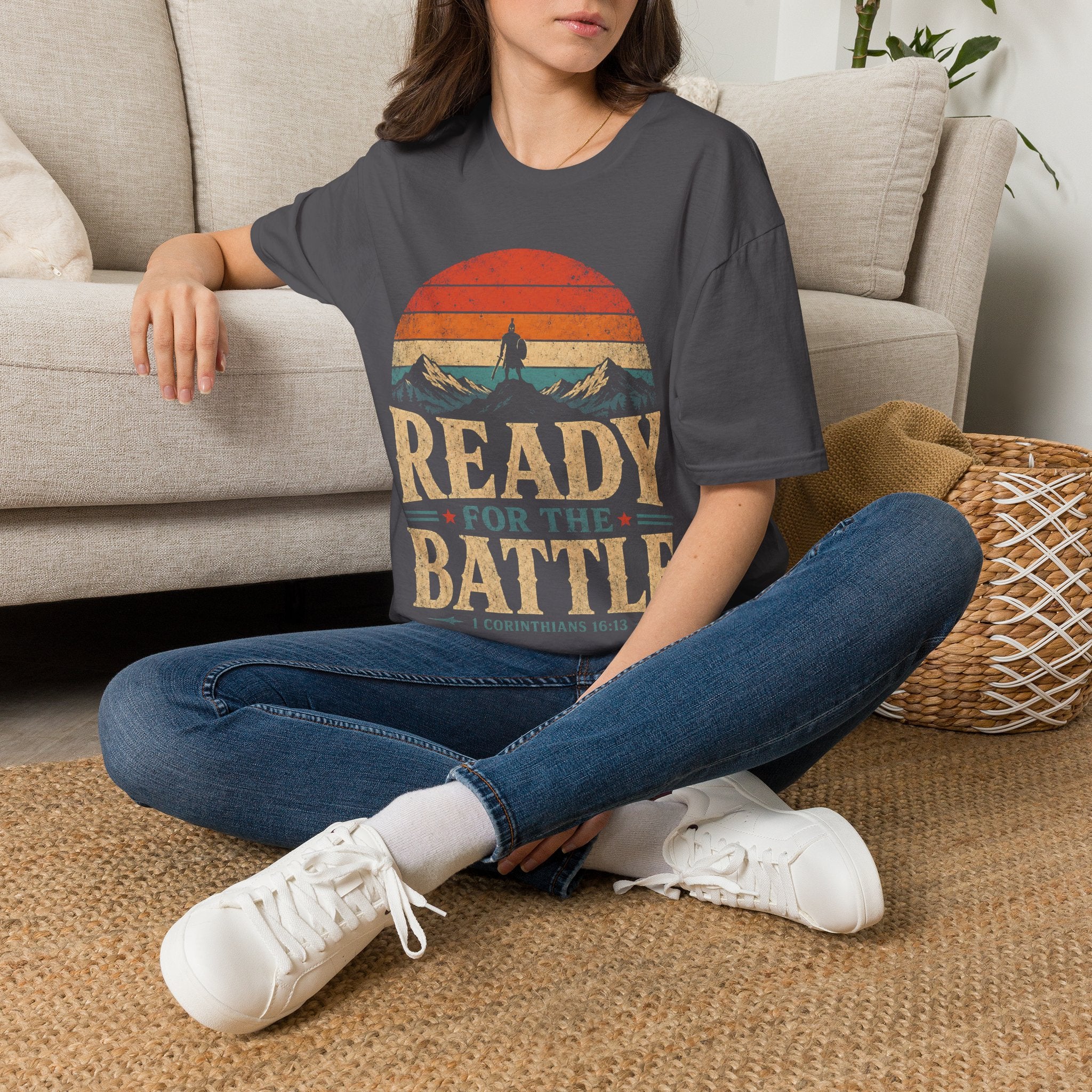 Ready For The Battle 1 Corinthians 16 13 Christian Warrior Mountain Sunset T-Shirt