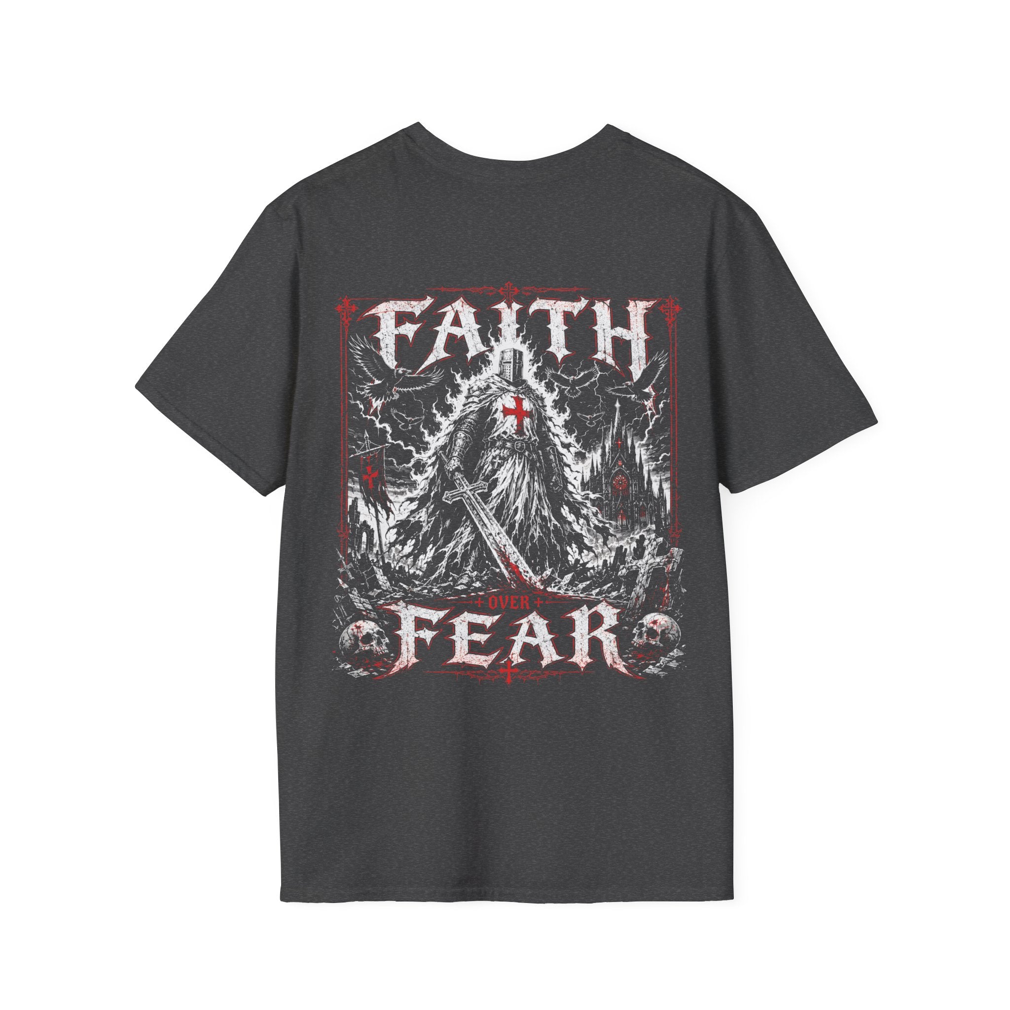 Faith Over Fear Christian Warrior Knight With Cross Storm Gothic Crusader Art Faith Over Fear Scripture Theme T-Shirt