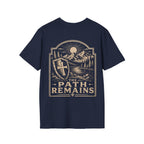 The Path Remains Christian Shield Cross Mountain Lake Sunrise Hiking Faith Landscape T-Shirt