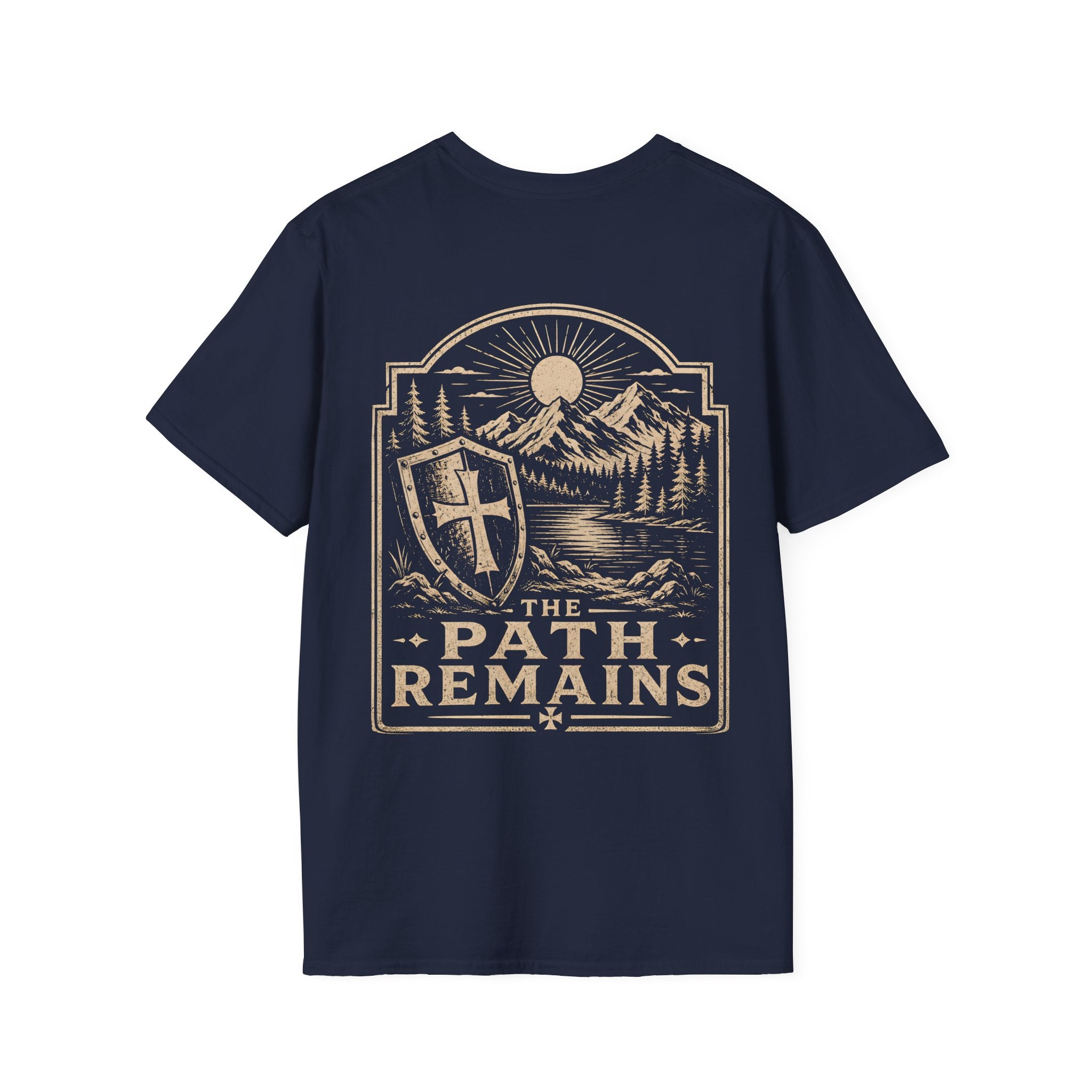 The Path Remains Christian Shield Cross Mountain Lake Sunrise Hiking Faith Landscape T-Shirt