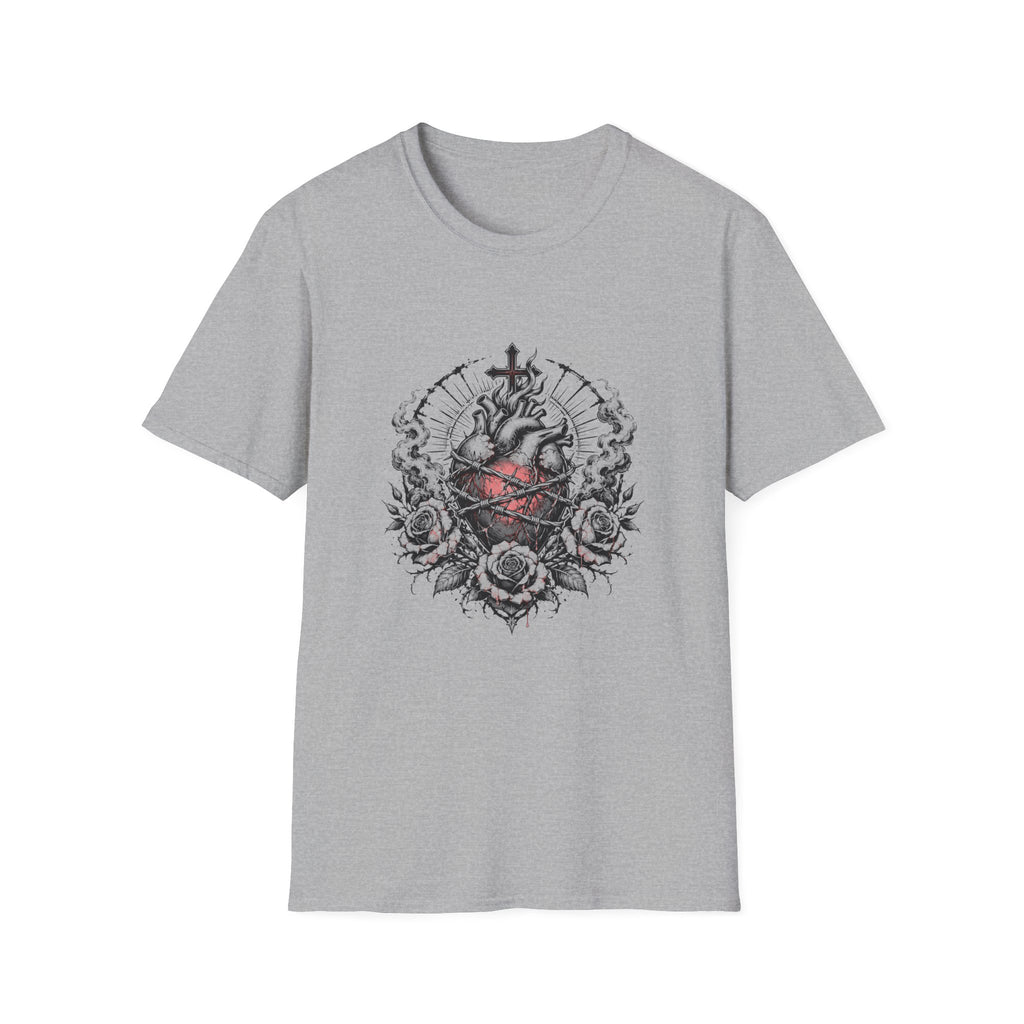 Sacred Heart Barbed Wire Cross Dark Roses Anatomical Heart T-Shirt
