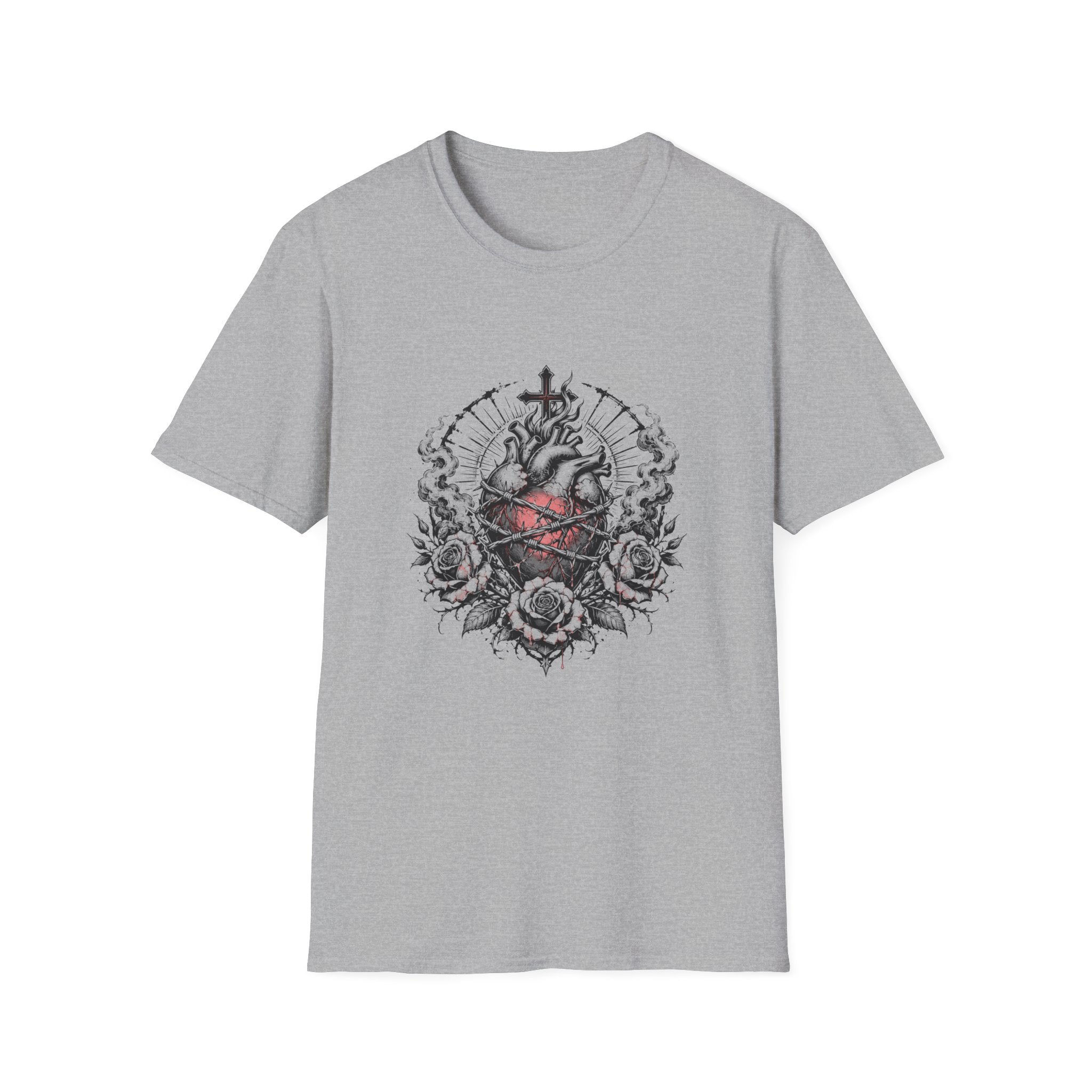 Sacred Heart Barbed Wire Cross Dark Roses Anatomical Heart T-Shirt