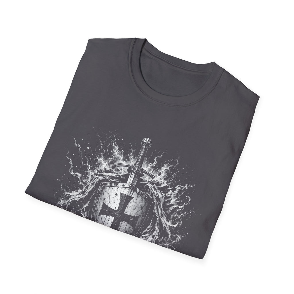 Medieval Crusader Knight Sword And Shield With Flaming Cross Emblem Fantasy Warrior Art T-Shirt