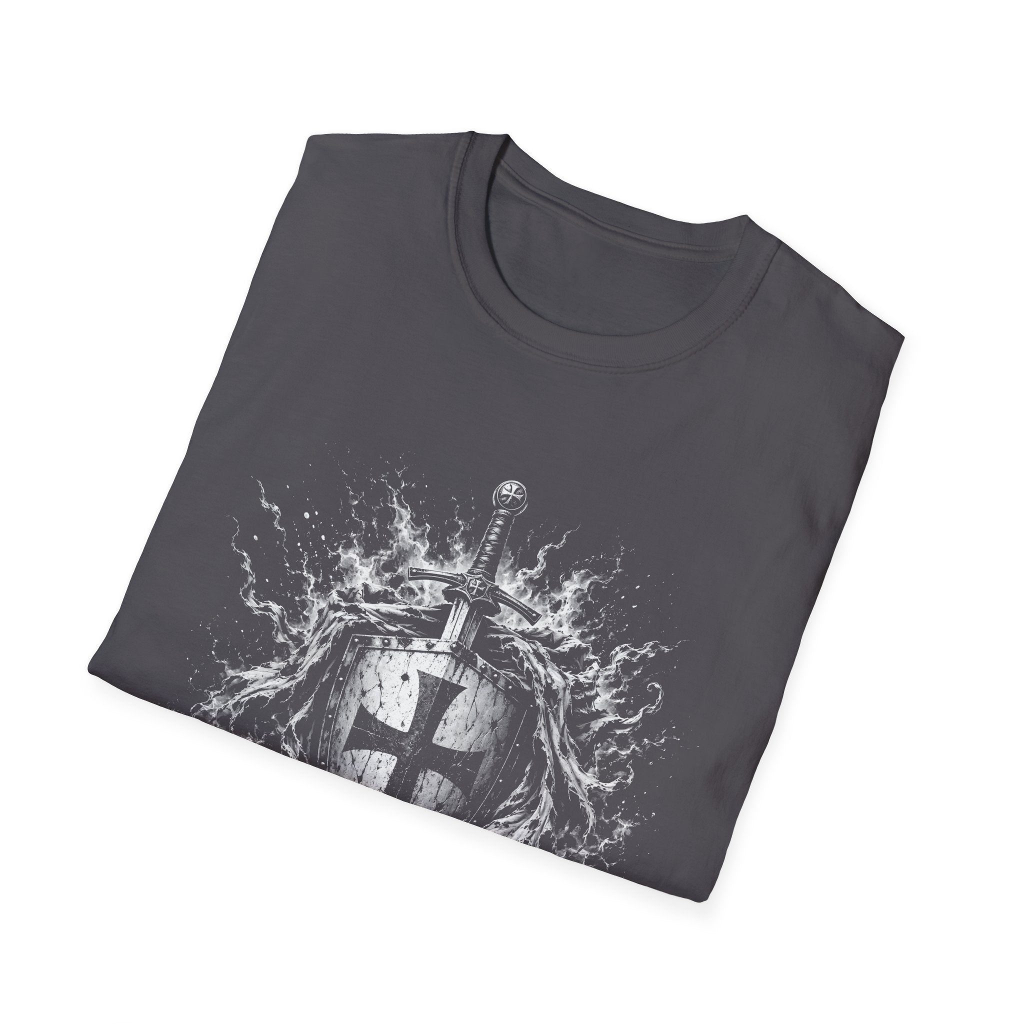 Medieval Crusader Knight Sword And Shield With Flaming Cross Emblem Fantasy Warrior Art T-Shirt
