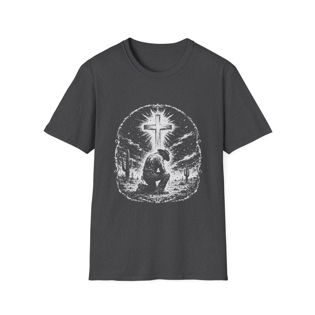 Cowboy Kneeling In Prayer Under Radiant Cross Western Christian Faith Desert Spiritual Scene T-Shirt