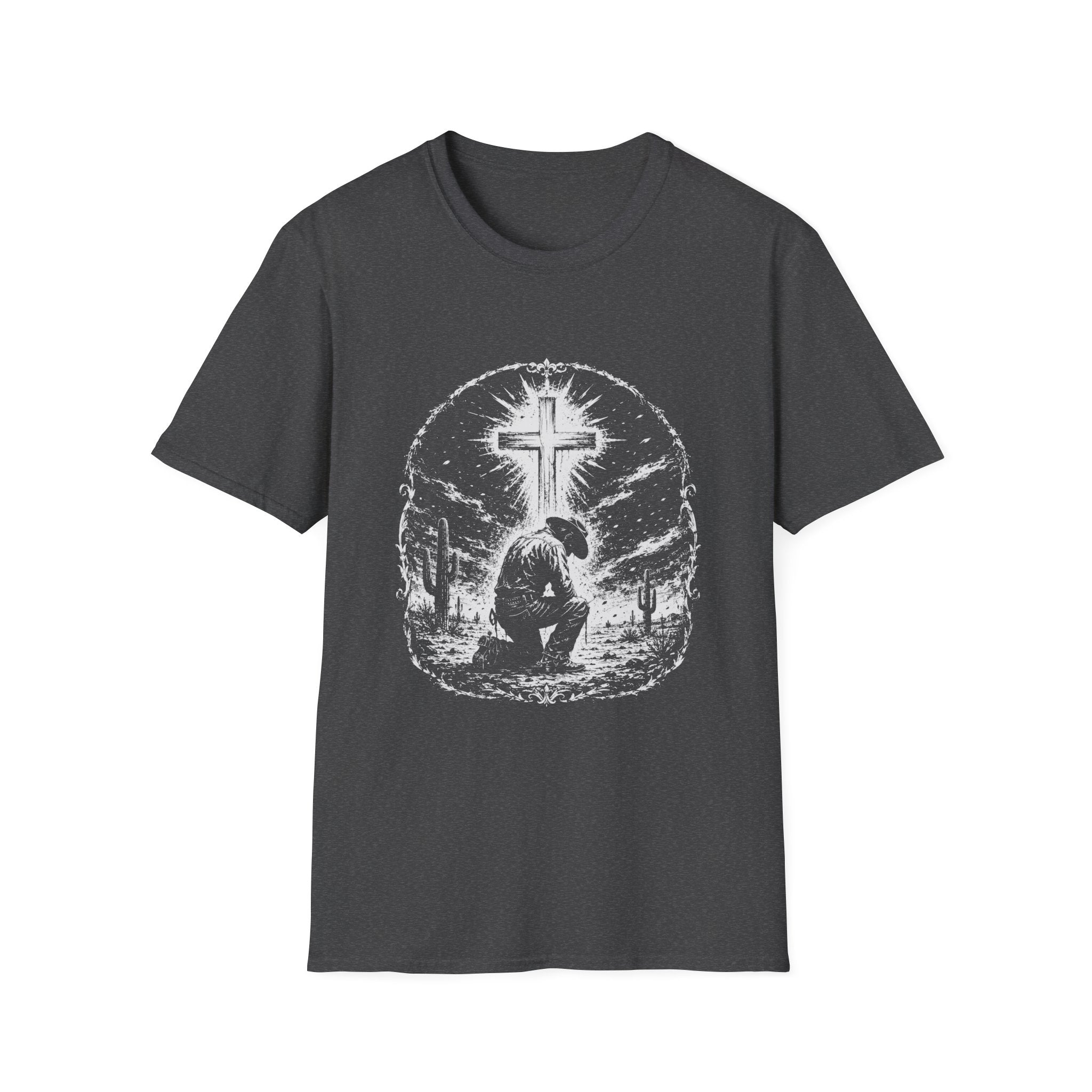 Cowboy Kneeling In Prayer Under Radiant Cross Western Christian Faith Desert Spiritual Scene T-Shirt