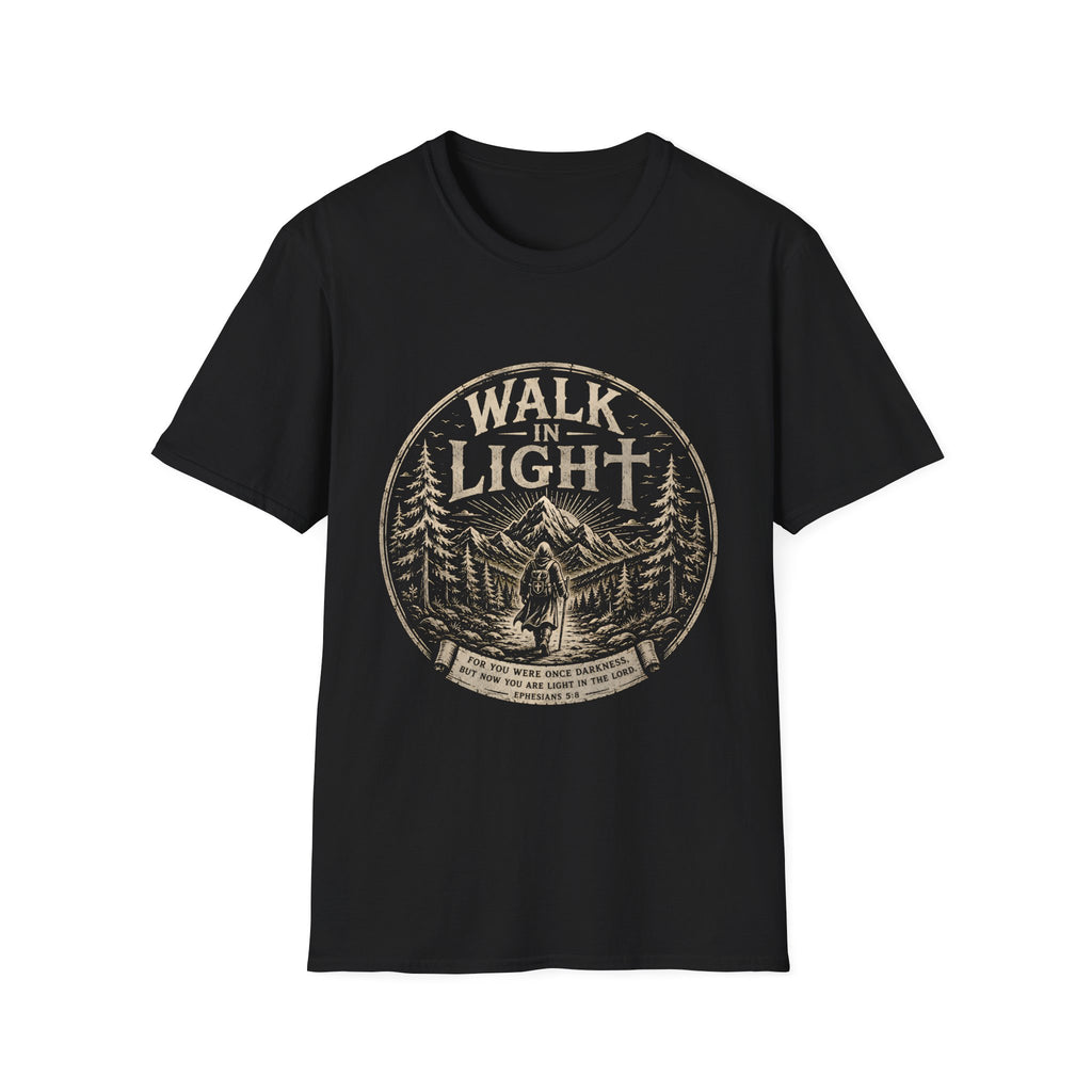 Walk In Light Ephesians 5 8 Christian Hiking Scripture Mountain Forest Adventure Faith Outdoors Bible Verse T-Shirt
