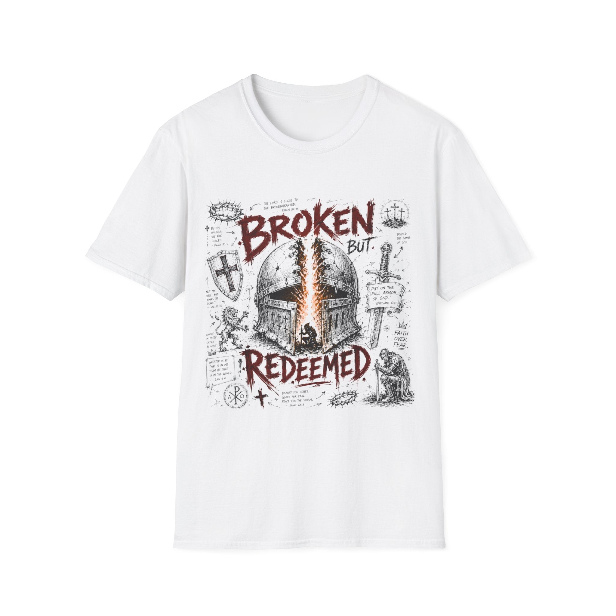Broken But Redeemed Christian Warrior Armor Of God Faith Over Fear Helmet And Cross T-Shirt