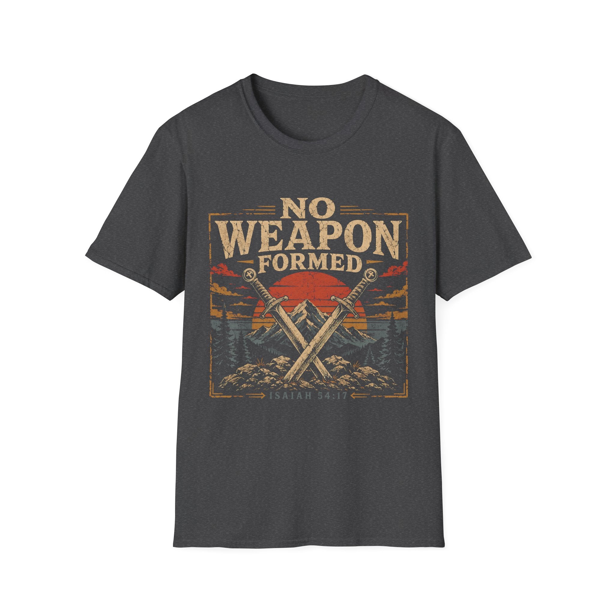 No Weapon Formed Isaiah 54 17 Christian Warrior Crossed Swords Mountain Sunset Faith T-Shirt