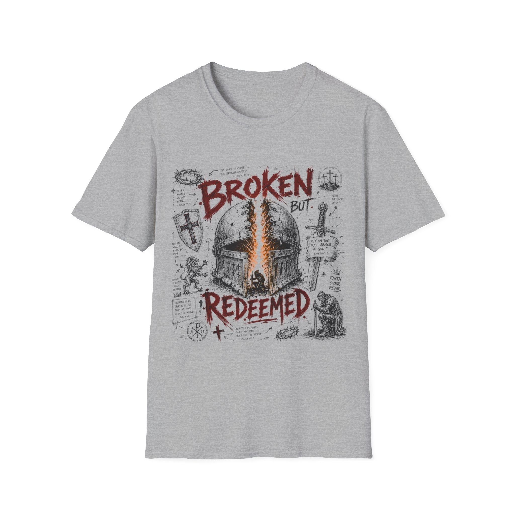 Broken But Redeemed Christian Warrior Armor Of God Faith Over Fear Helmet And Cross T-Shirt