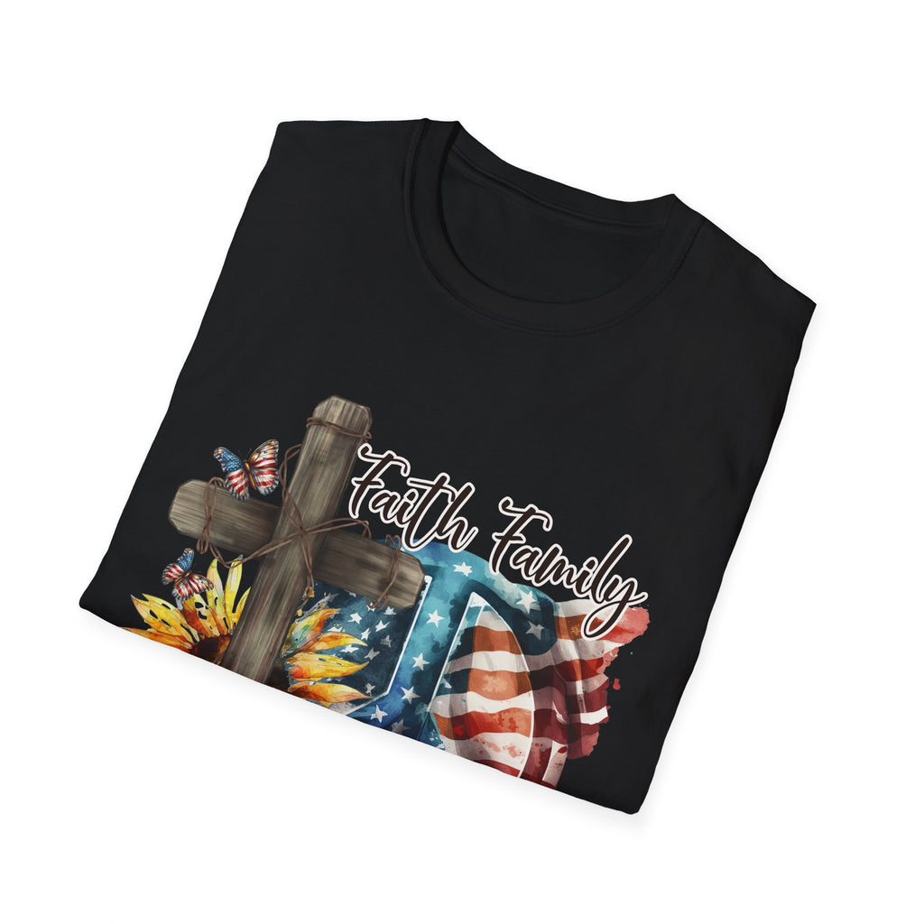 Faith Family Freedom 4th of July Independence Day Veterans Day American Flag Cross Peace Sunflowers T-Shirt