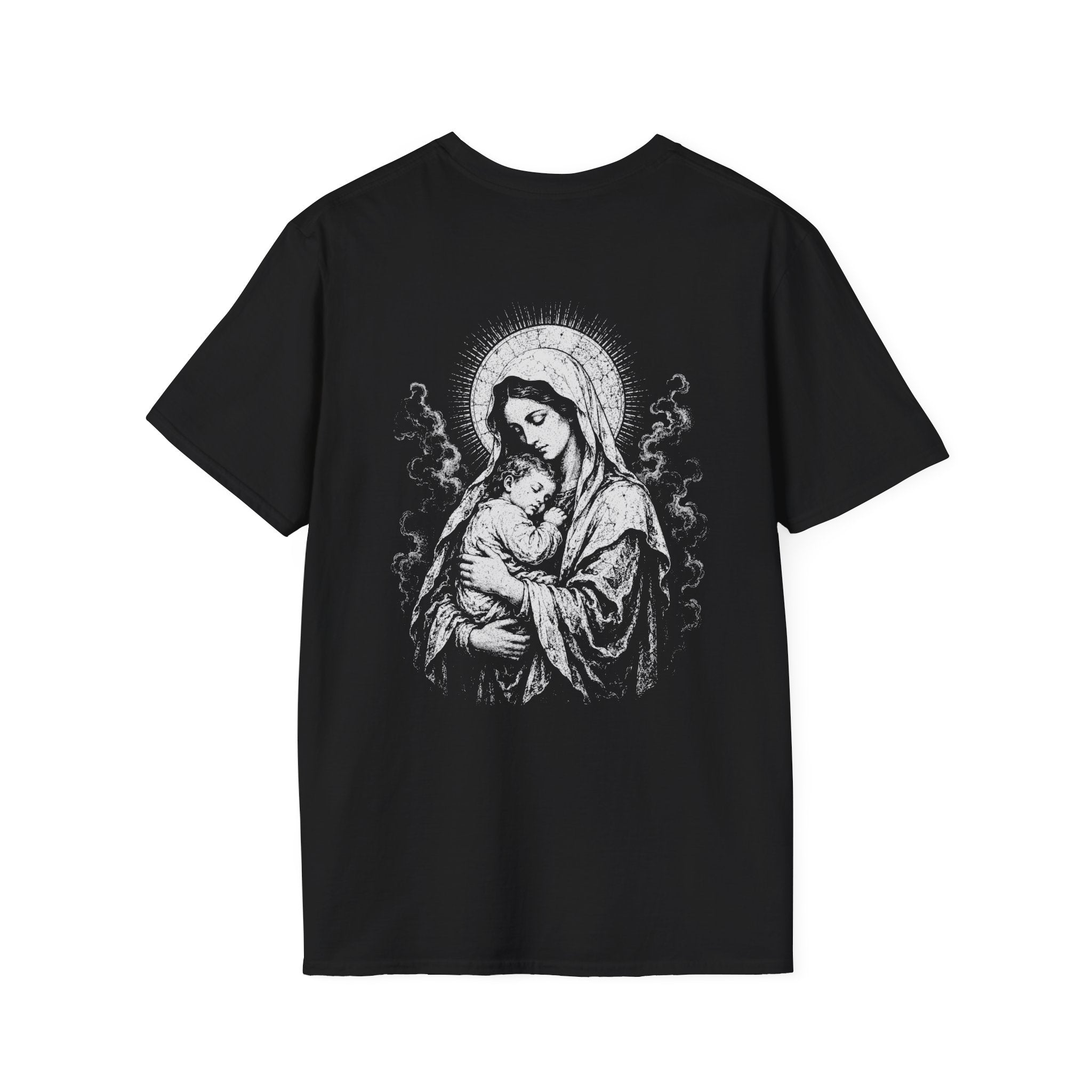 BACKPRINT Virgin Mary And Baby Jesus Sacred Mother And Child Christian Catholic Religious Icon T-Shirt