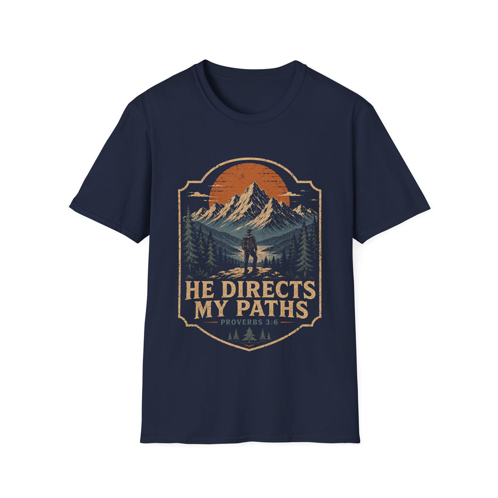 He Directs My Paths Proverbs 3 6 Christian Hiking Mountain Bible Verse Outdoor Faith Landscape T-Shirt