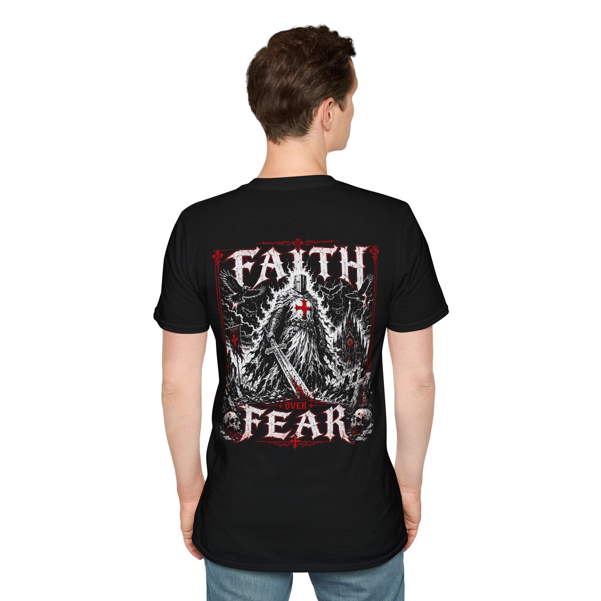 Faith Over Fear Christian Warrior Knight With Cross Storm Gothic Crusader Art Faith Over Fear Scripture Theme T-Shirt