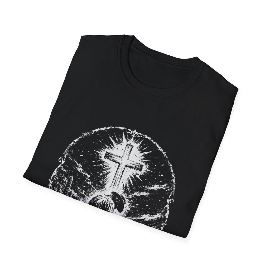 Cowboy Kneeling In Prayer Under Radiant Cross Western Christian Faith Desert Spiritual Scene T-Shirt