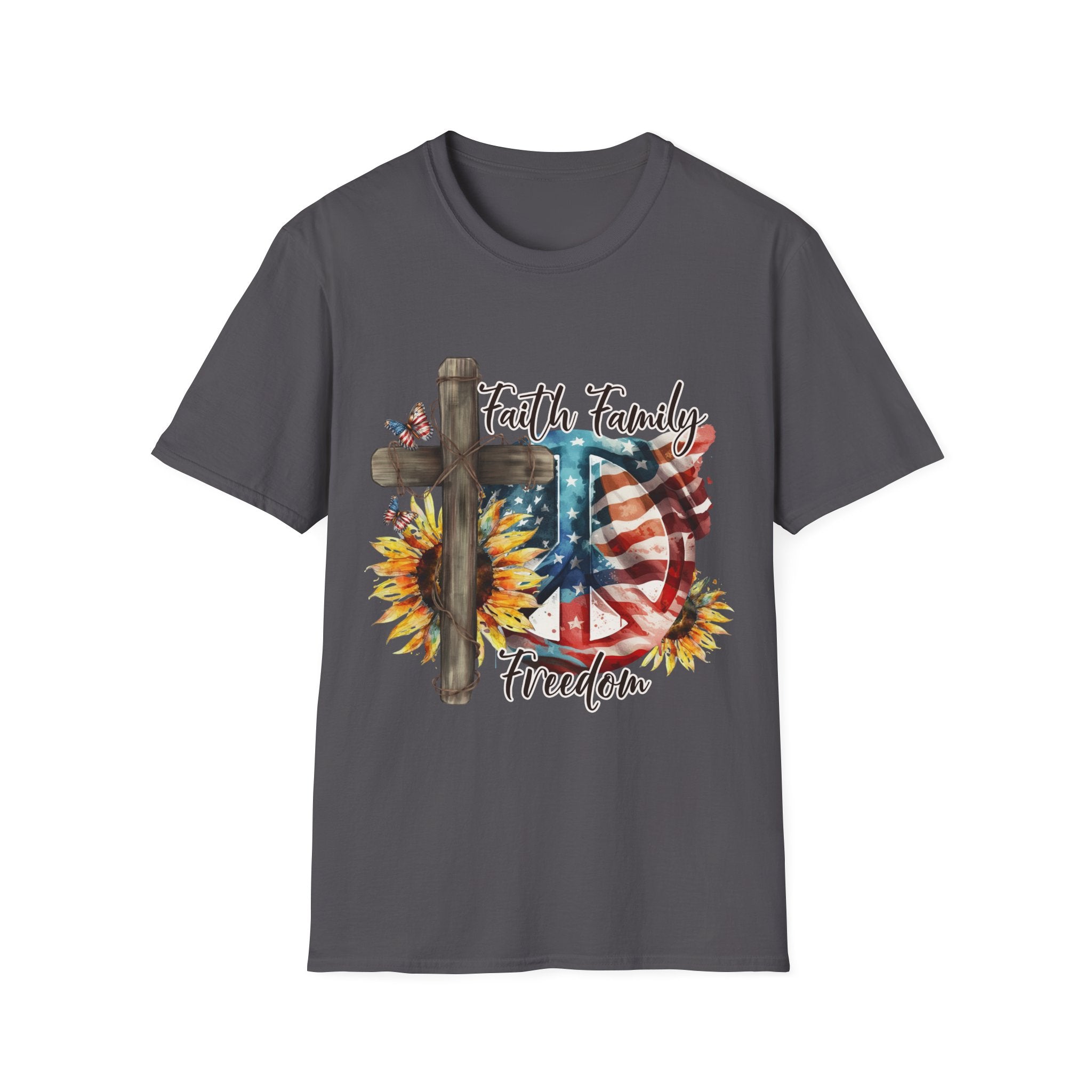 Faith Family Freedom 4th of July Independence Day Veterans Day American Flag Cross Peace Sunflowers T-Shirt