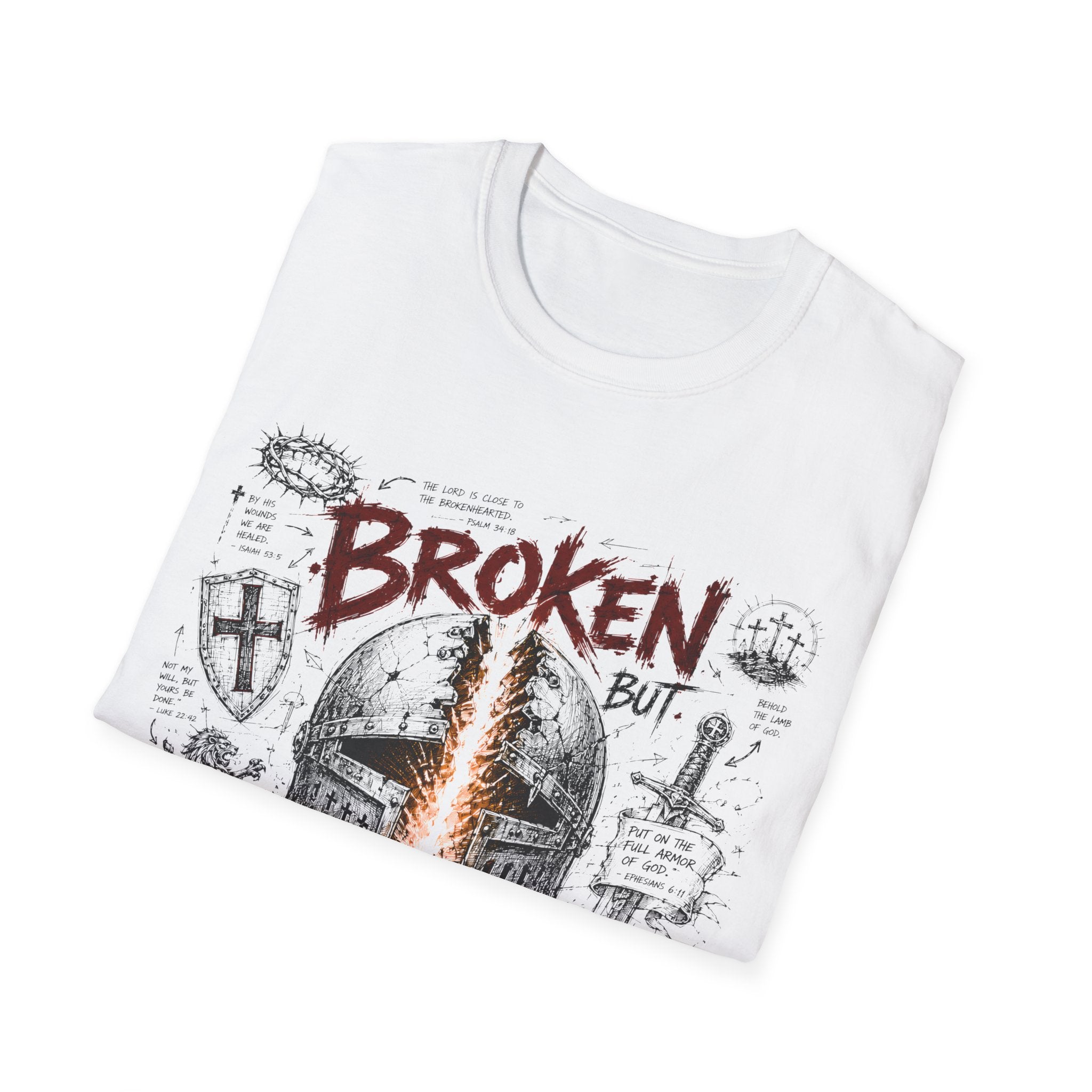 Broken But Redeemed Christian Warrior Armor Of God Faith Over Fear Helmet And Cross T-Shirt