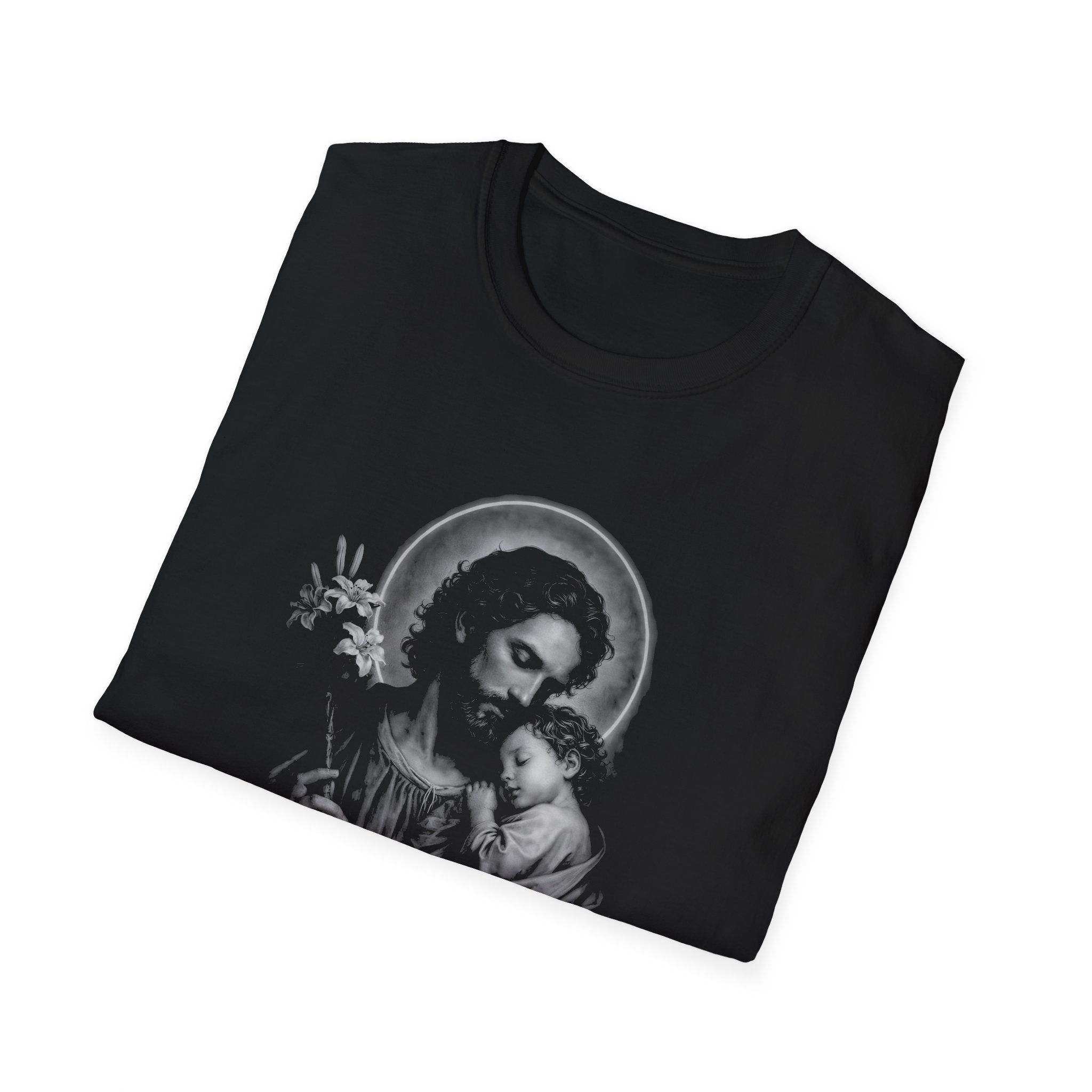 saint joseph holding child jesus sacred catholic fatherhood devotion and protection T-Shirt