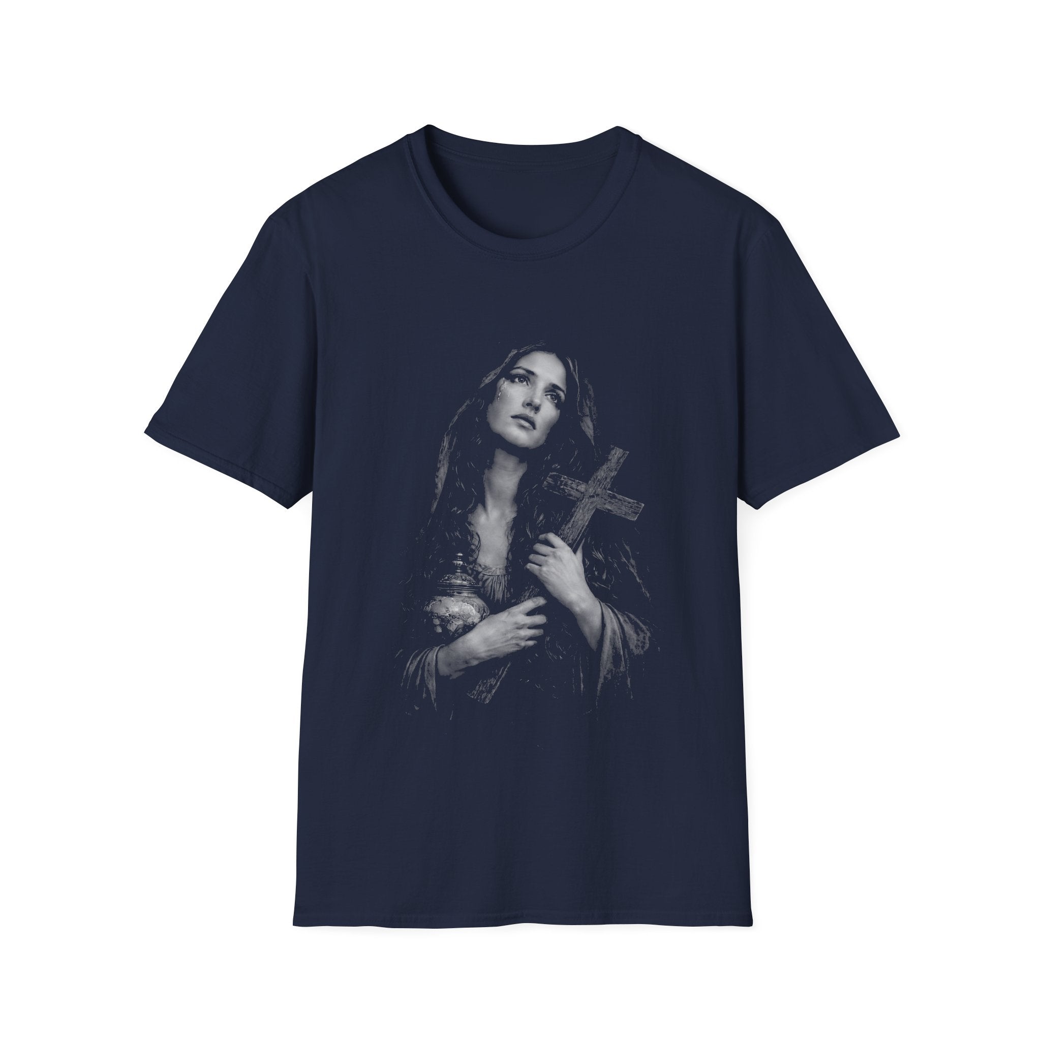 mary magdalene weeping with cross dark christian gothic spiritual portrait in black and white T-Shirt