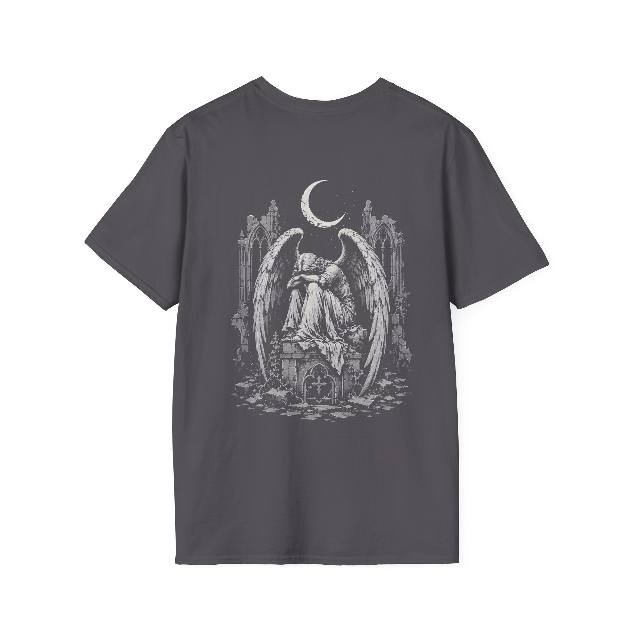 BACKPRINT Gothic Weeping Angel Under Crescent Moon In Ruined Cathedral Dark Fallen Angel BACKPRINT T-Shirt