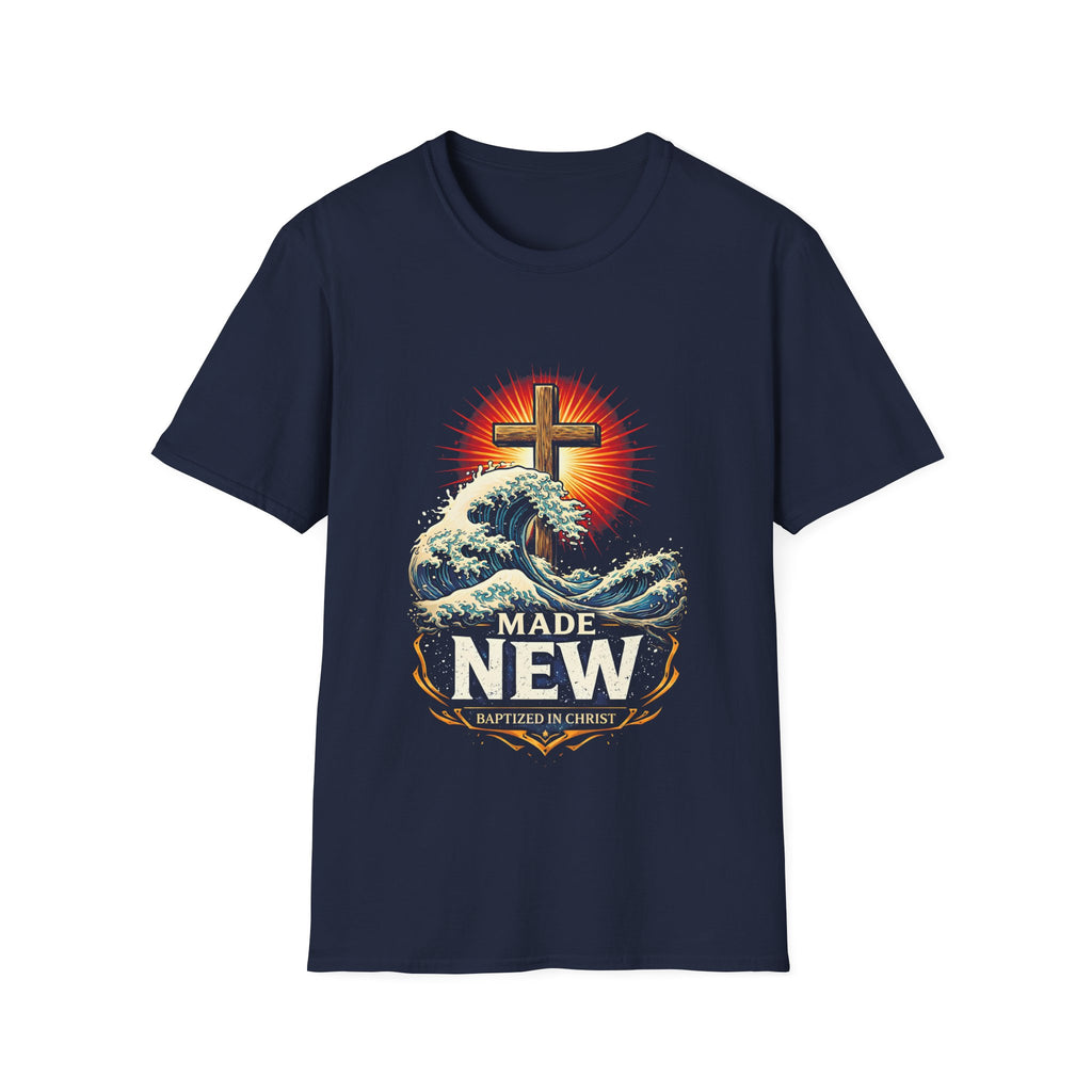 Made new baptized in christ cross and crashing ocean waves renewal T-Shirt