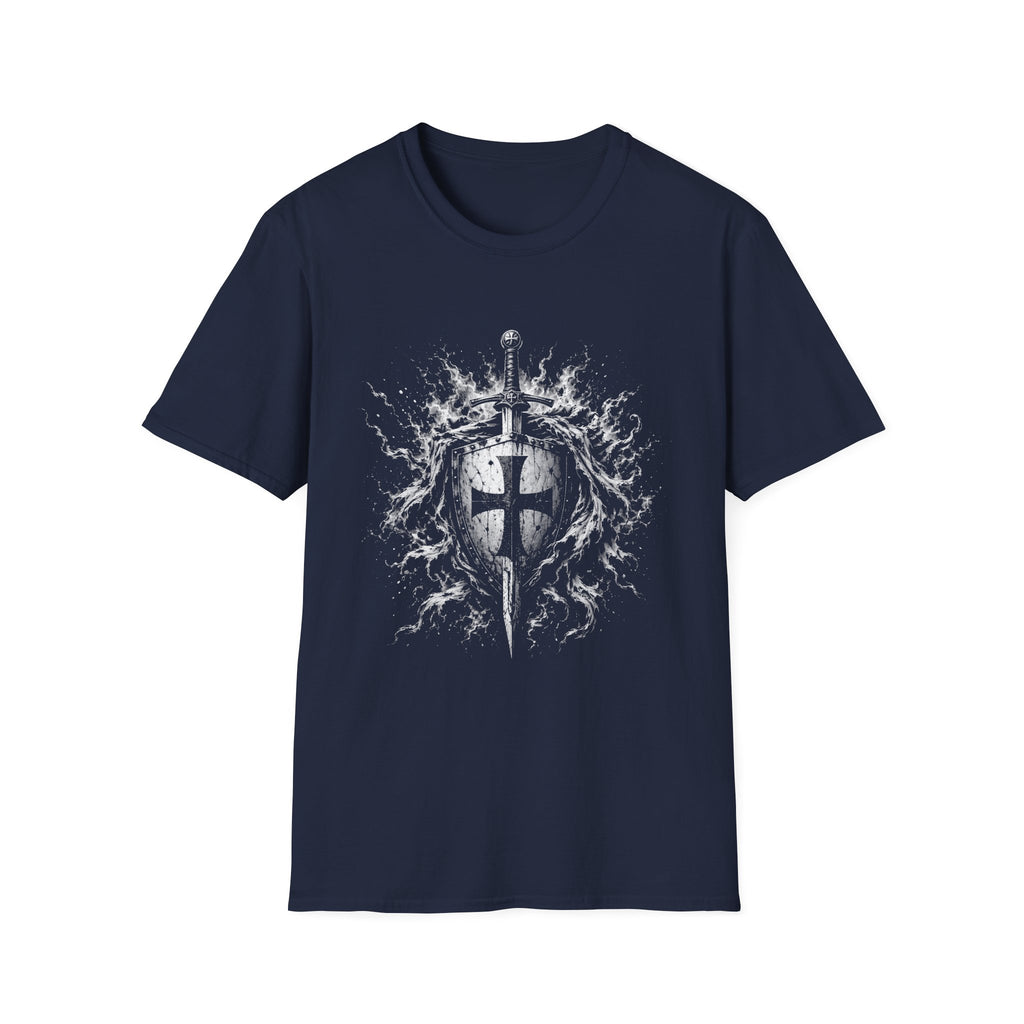 Medieval Crusader Knight Sword And Shield With Flaming Cross Emblem Fantasy Warrior Art T-Shirt